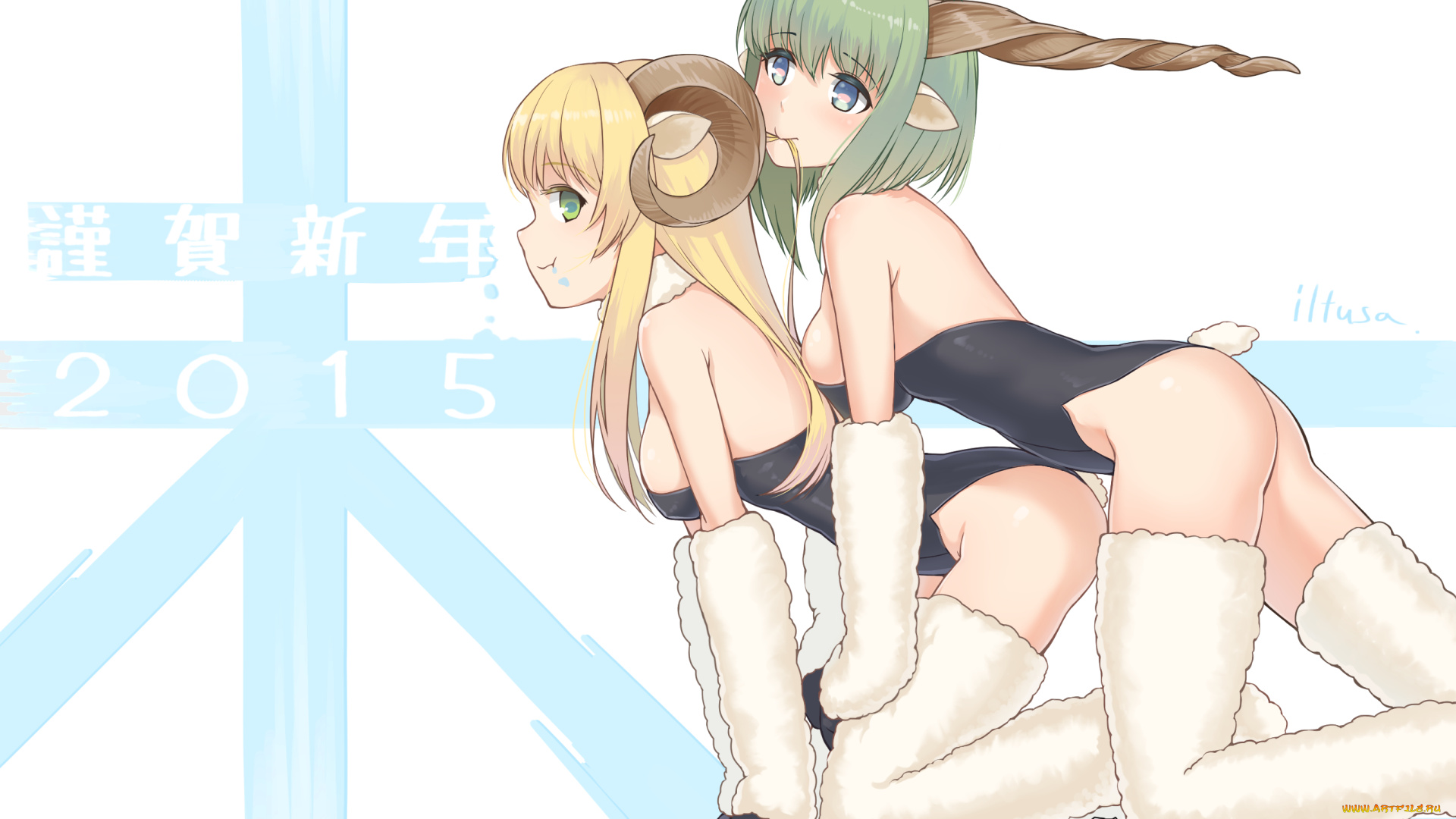 аниме, животные, , существа, рога, новогдний, арт, девушки, soratobuiltusa