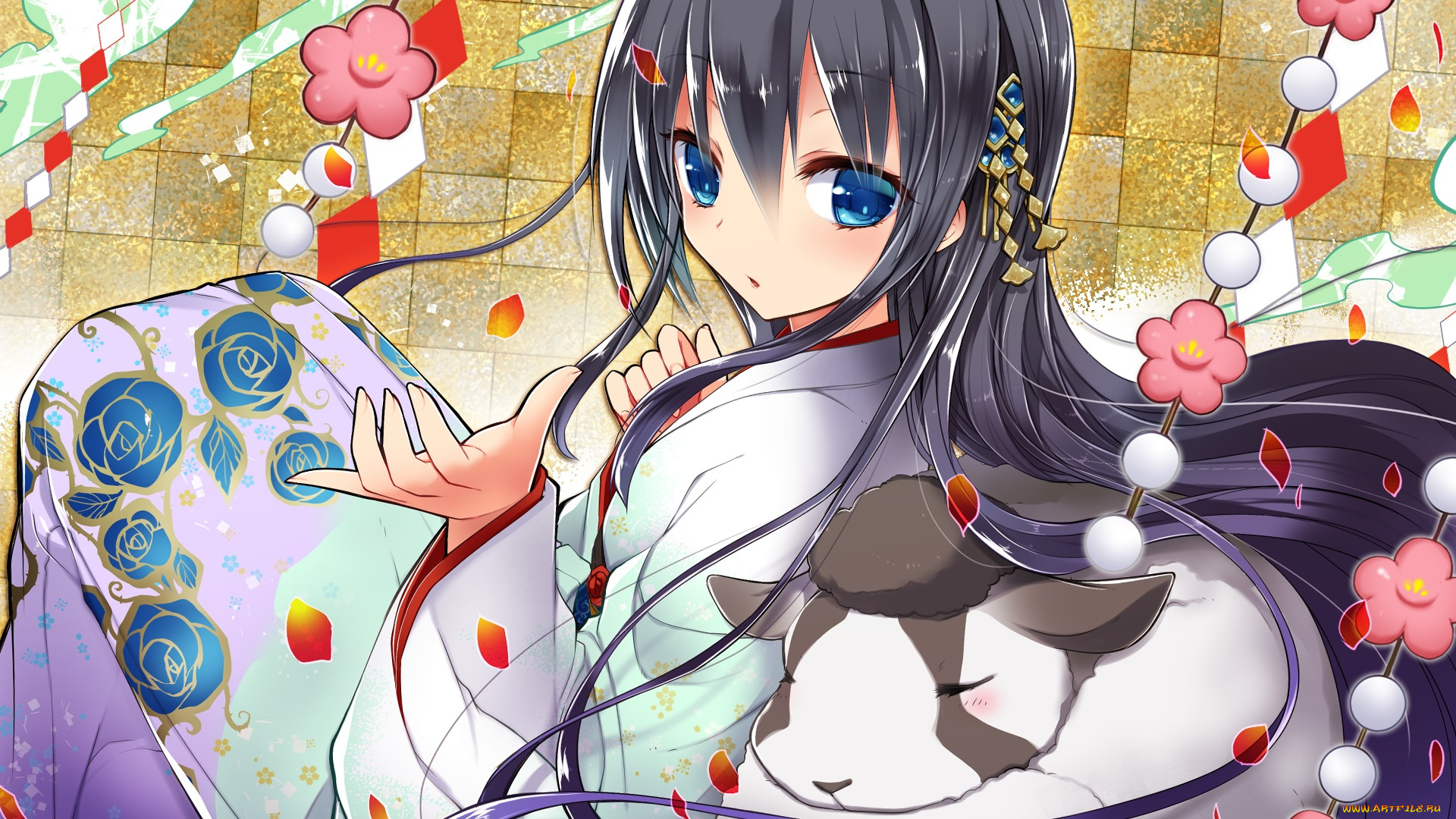 аниме, животные, , существа, животное, взгляд, девушка, арт, барашка, kamiyoshi, цветы