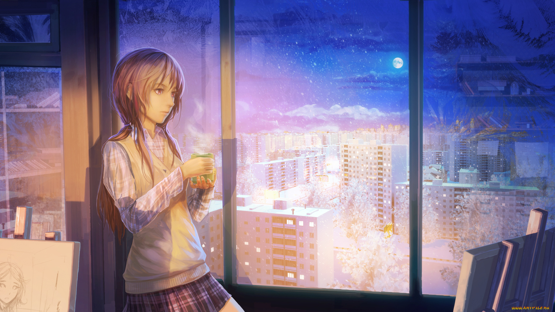 аниме, зима, , новый, год, , рождество, мольберты, арт, arsenixc, чашка, метель, снег, окно, рисунок, девушка, город, луна, ночь