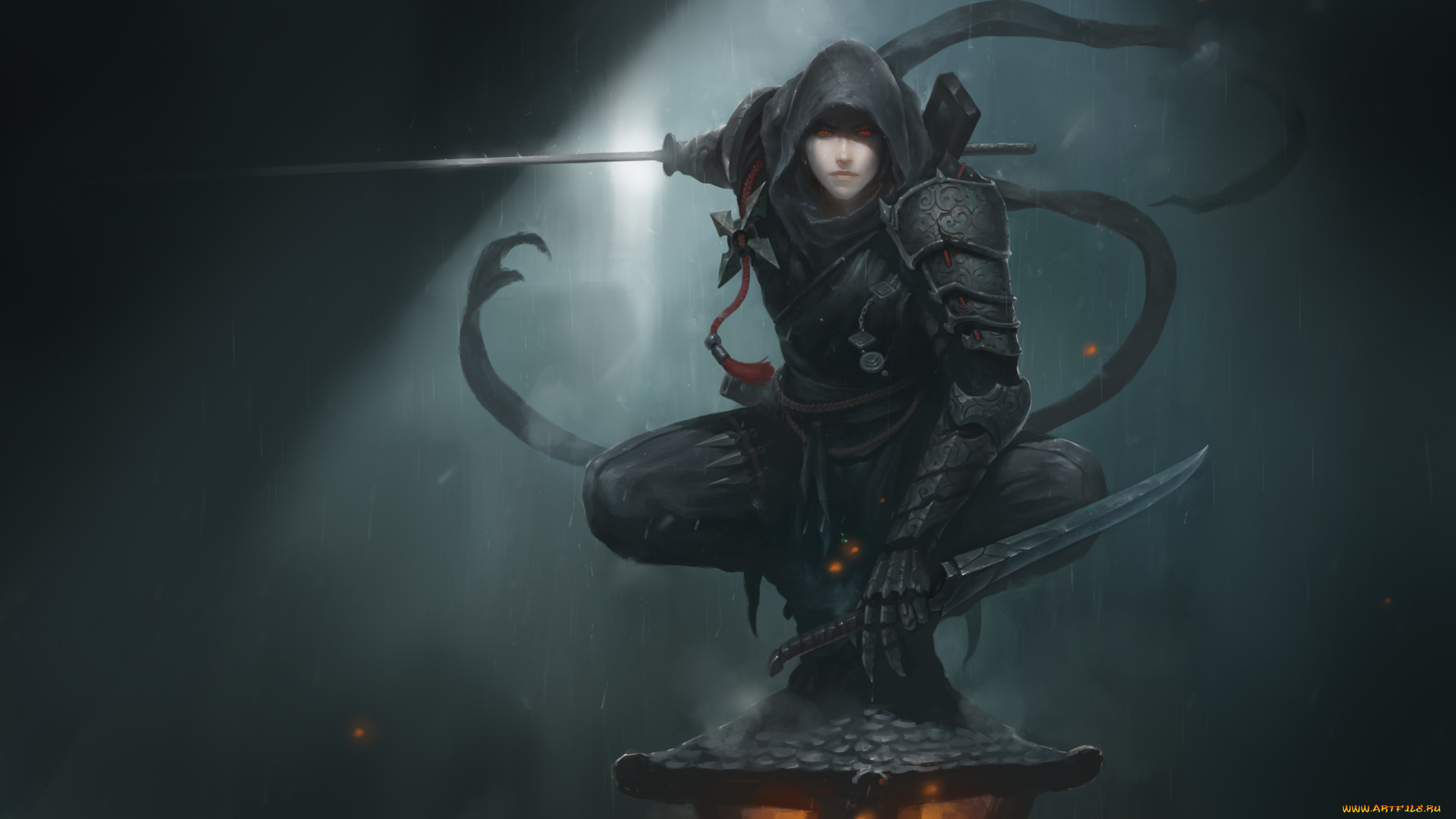 фэнтези, люди, взгляд, броня, оружие, глаза, дождь, парень, ночь, красные, капюшон