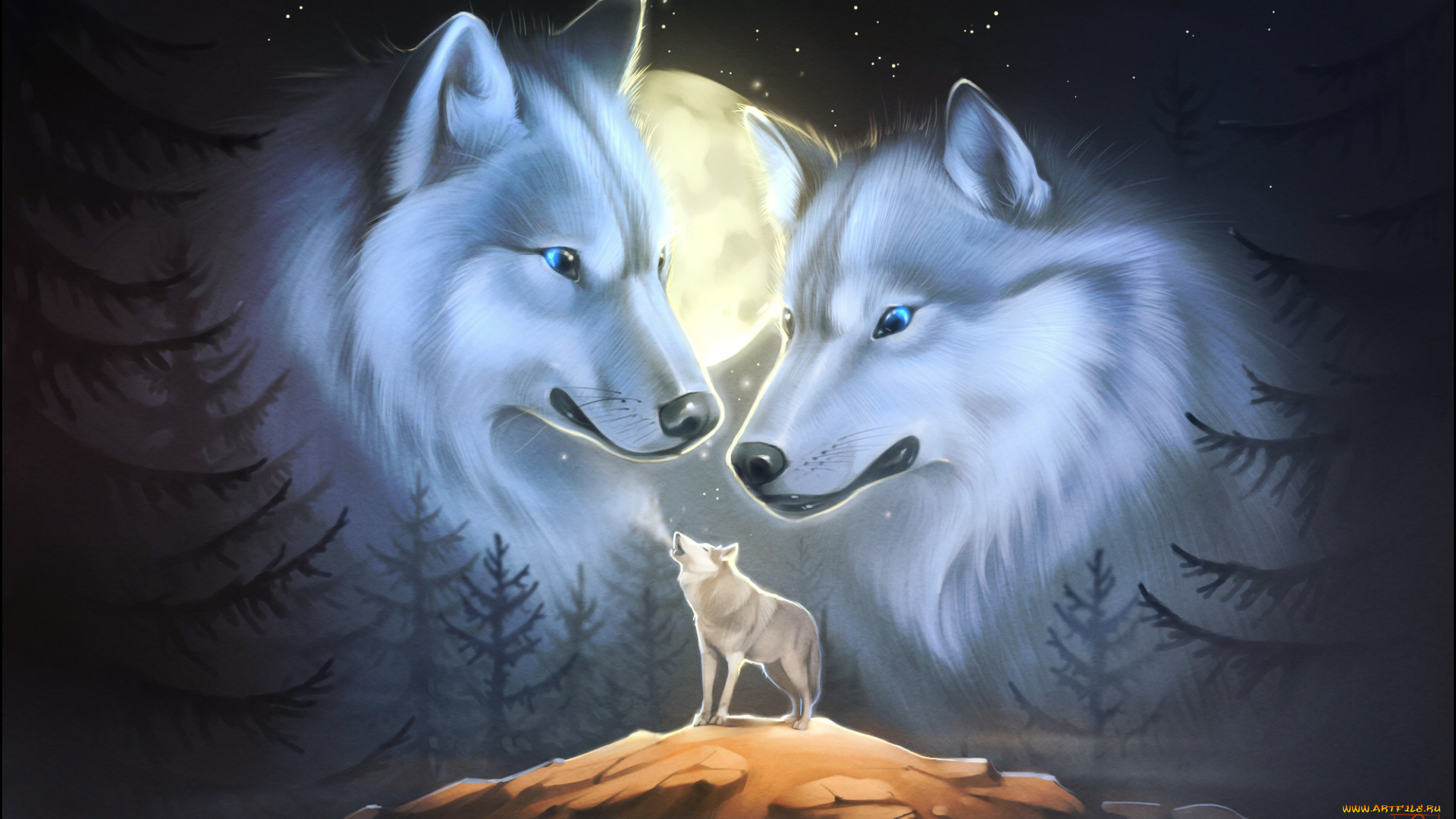 gaudibuendia, рисованное, животные, , волки, волки, лес, ночь, вой