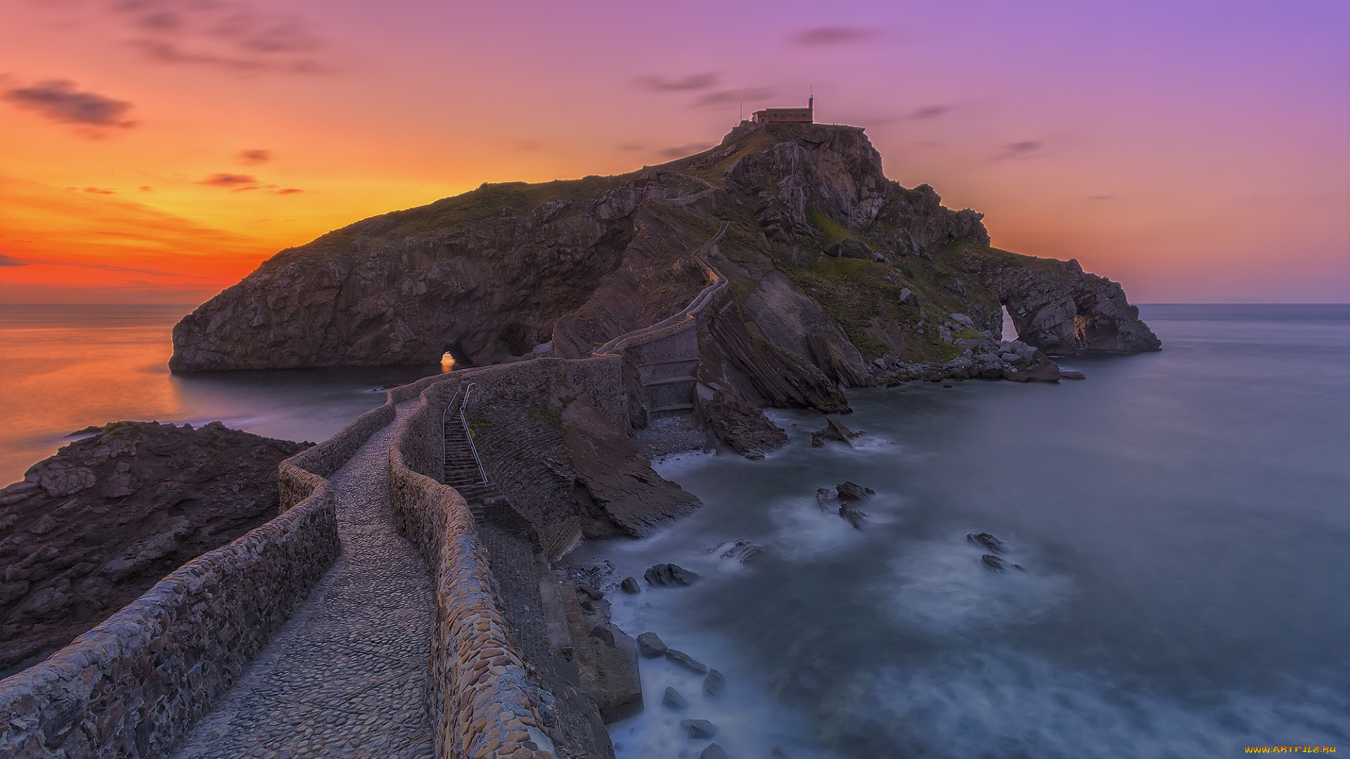 природа, побережье, океан, остров, перешейк, дорога, тучи, зарево