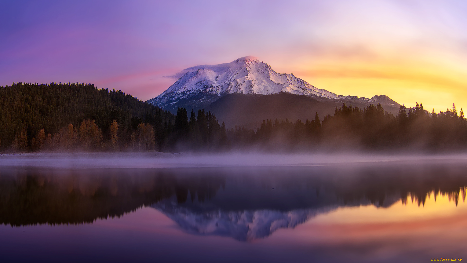 природа, реки, озера, гора, маунт, шаста, утро, озеро, siskiyou, штат, калифорния, сша