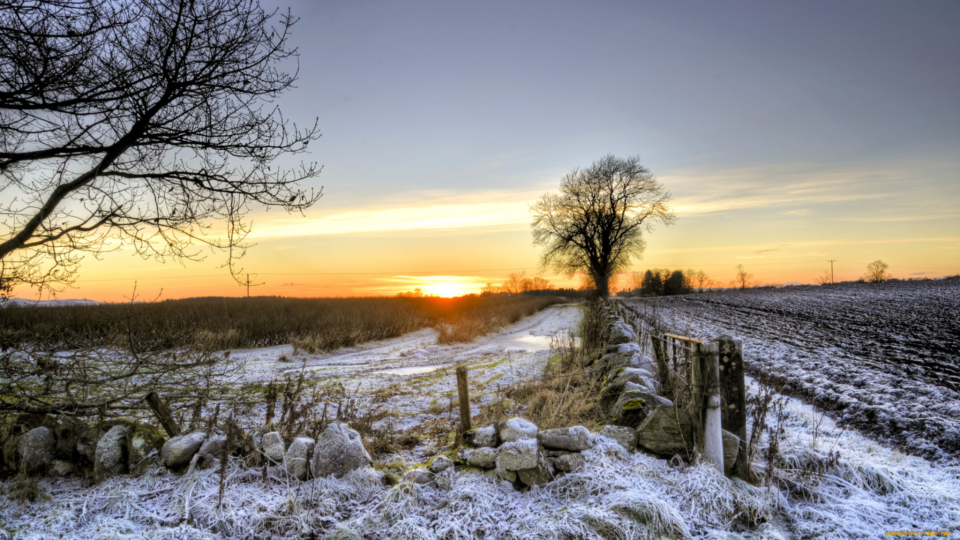 природа, восходы, закаты, поле, трава, снег, заря