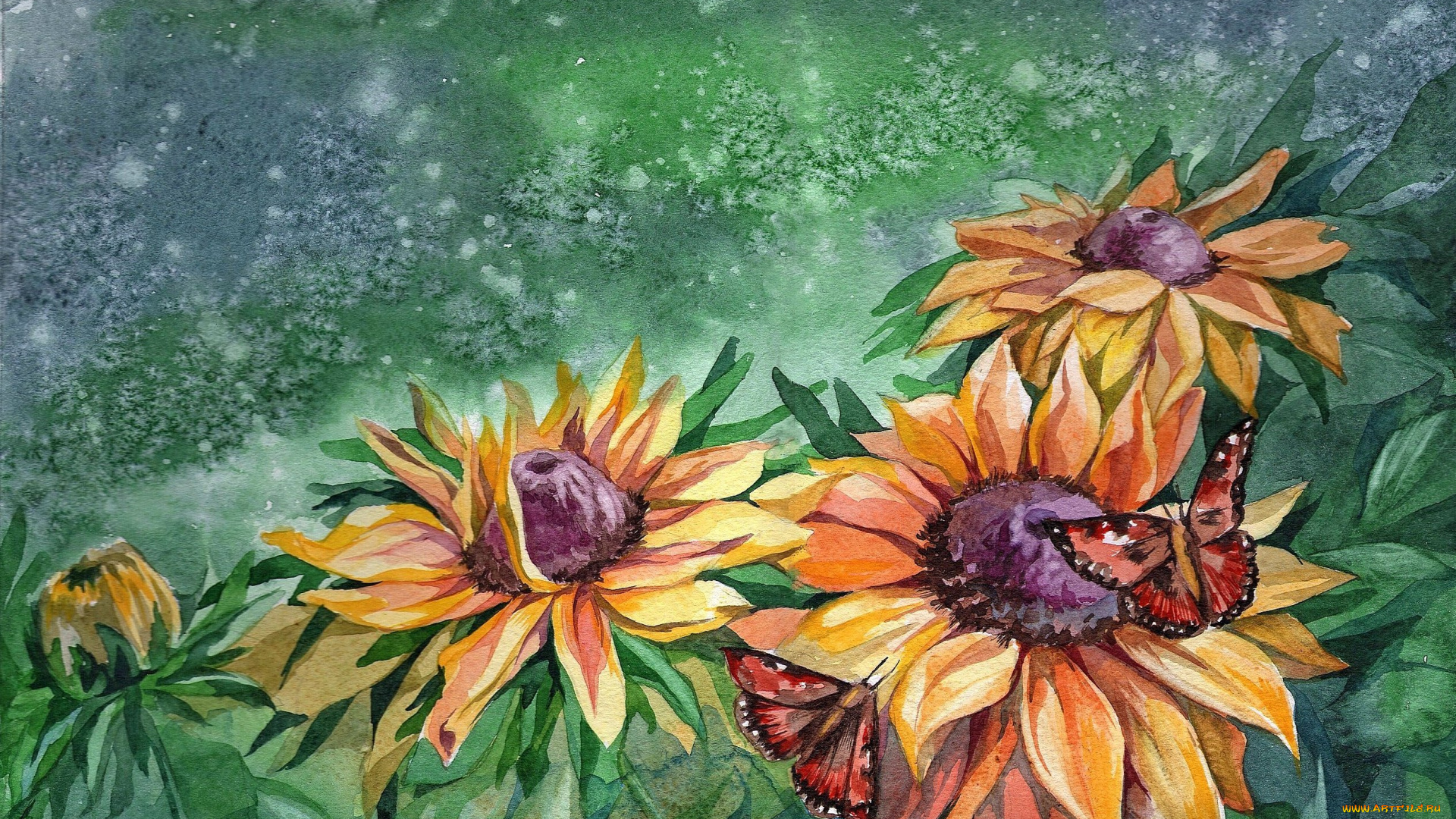 рисованное, цветы, лето, листья, бабочки, лепестки, природа