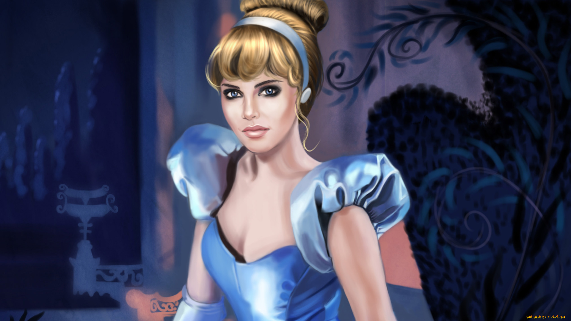 рисованное, кино, мультфильм, голубое, платье, девушка, золушка, дисней, прическа, взгляд