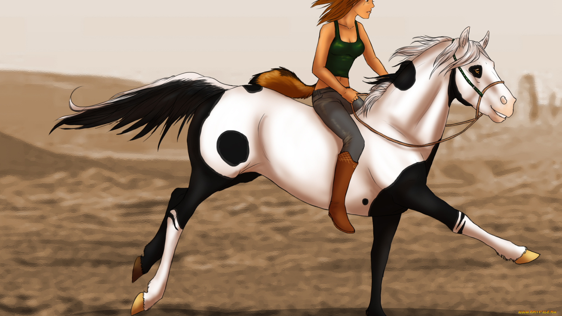 рисованное, животные, , лошади, всадник, лошадь