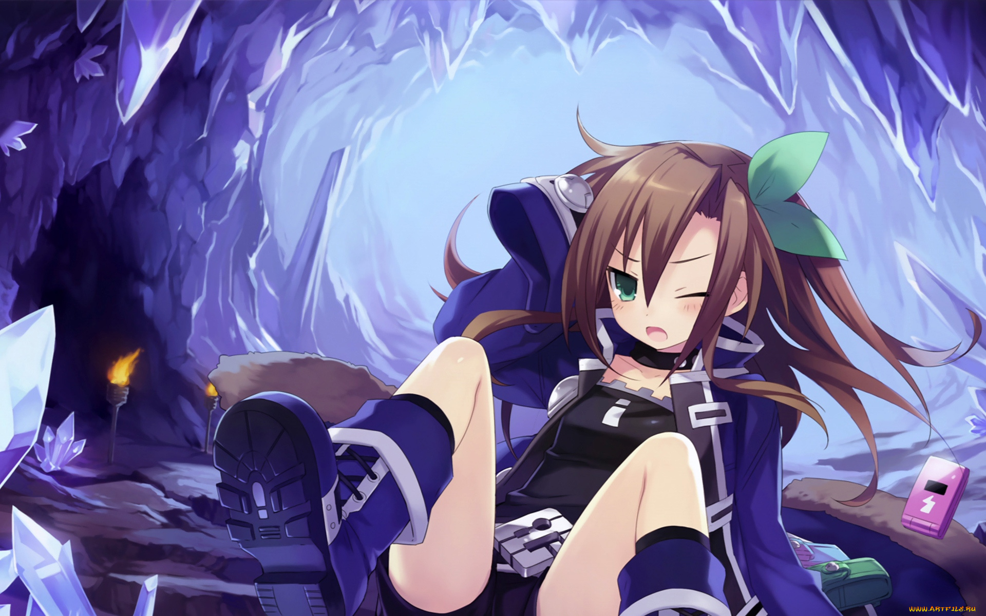 аниме, hyperdimension, neptunia, сапоги, девушка, факел, огонь, телефон, пещера