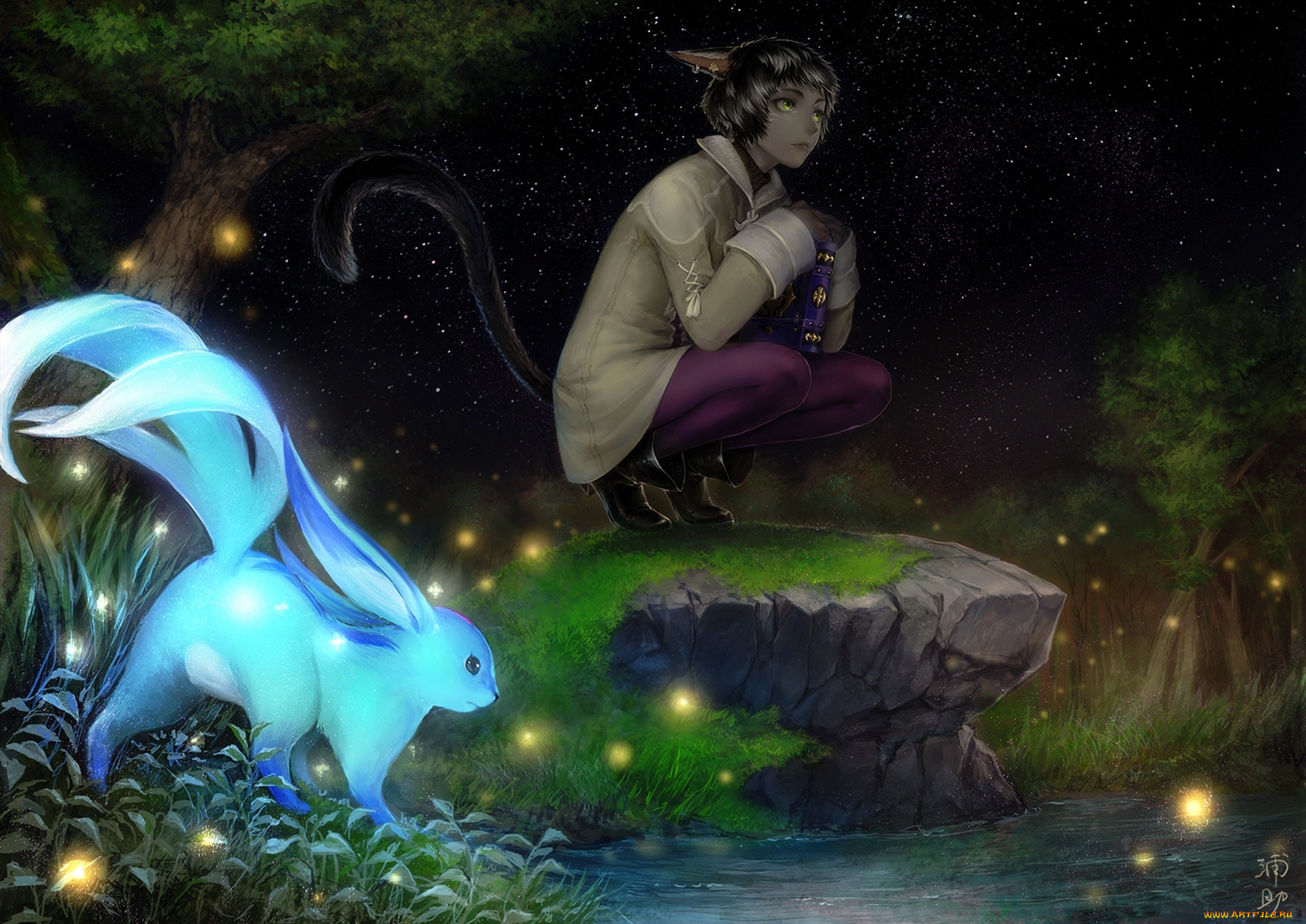 аниме, животные, , существа, парень, tetsu420, uraki, арт, книга, хвост, ушки, животное, небо, ночь, звезды