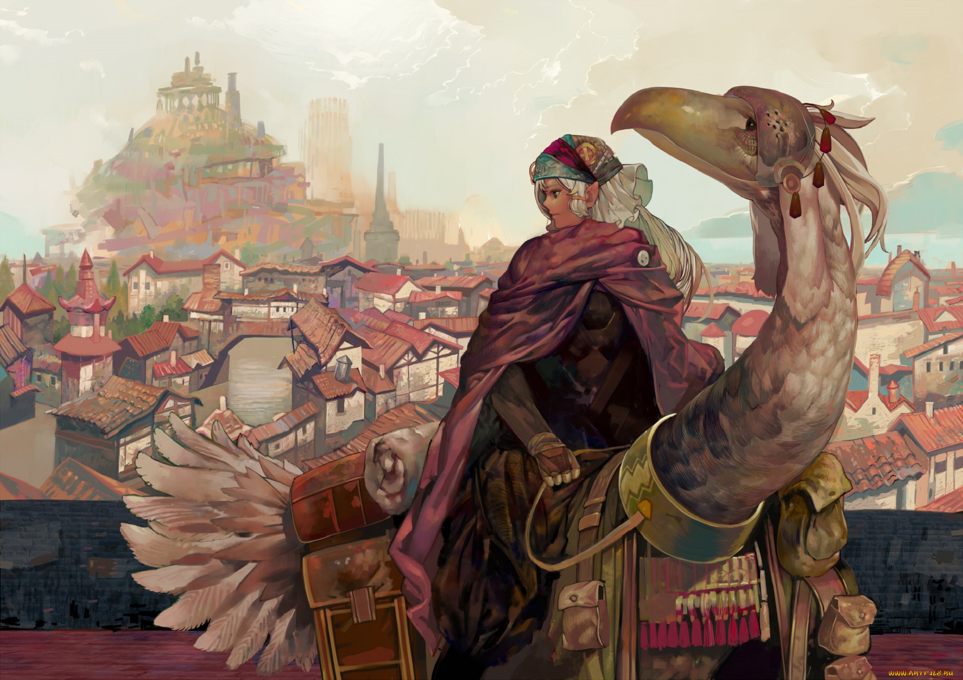аниме, животные, , существа, onion, and, pi-natto, арт, эльф, накидка, птица, наездник, небо, путешественник, город