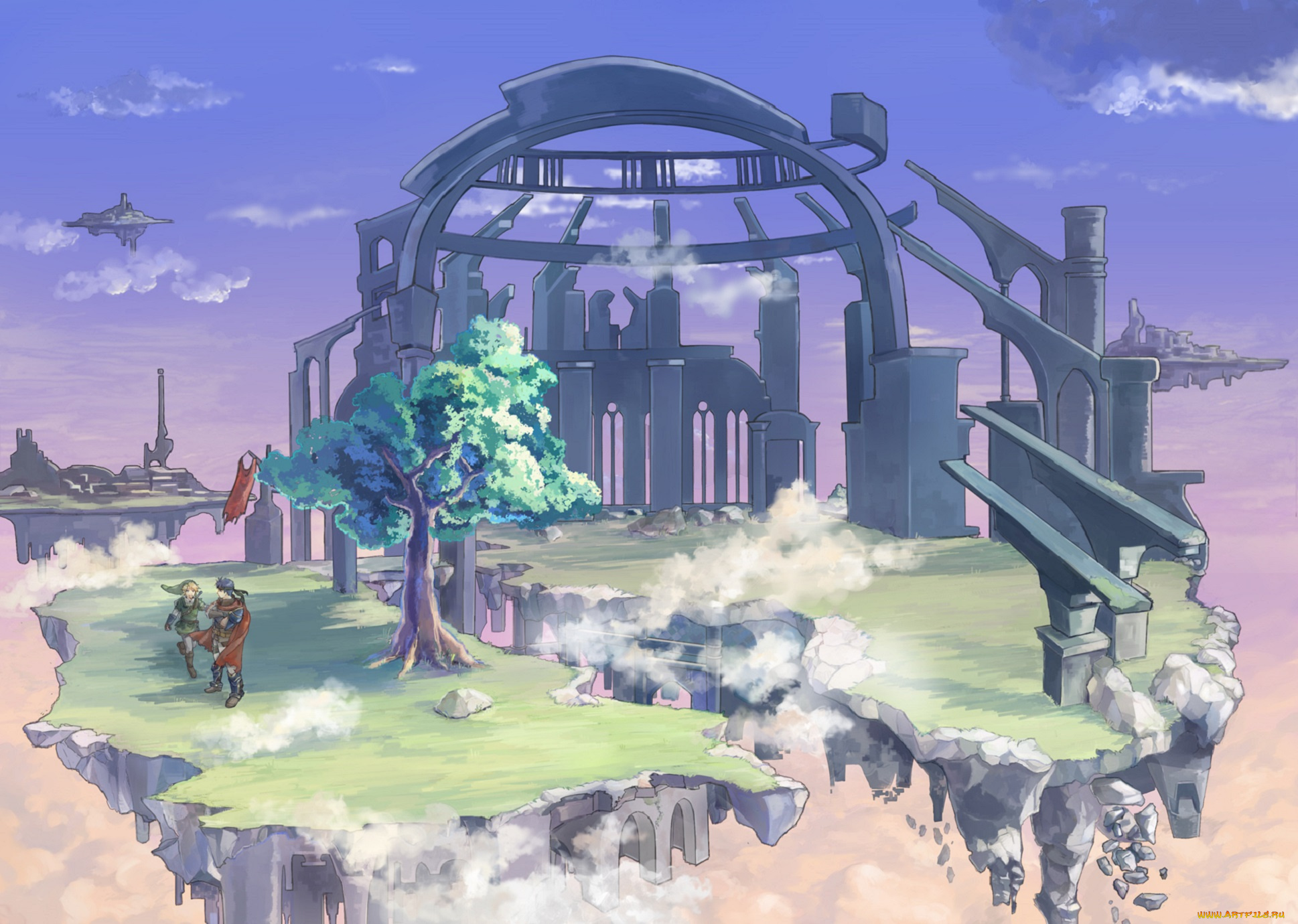 аниме, город, , улицы, , здания, люди, дерево, замок, парящий