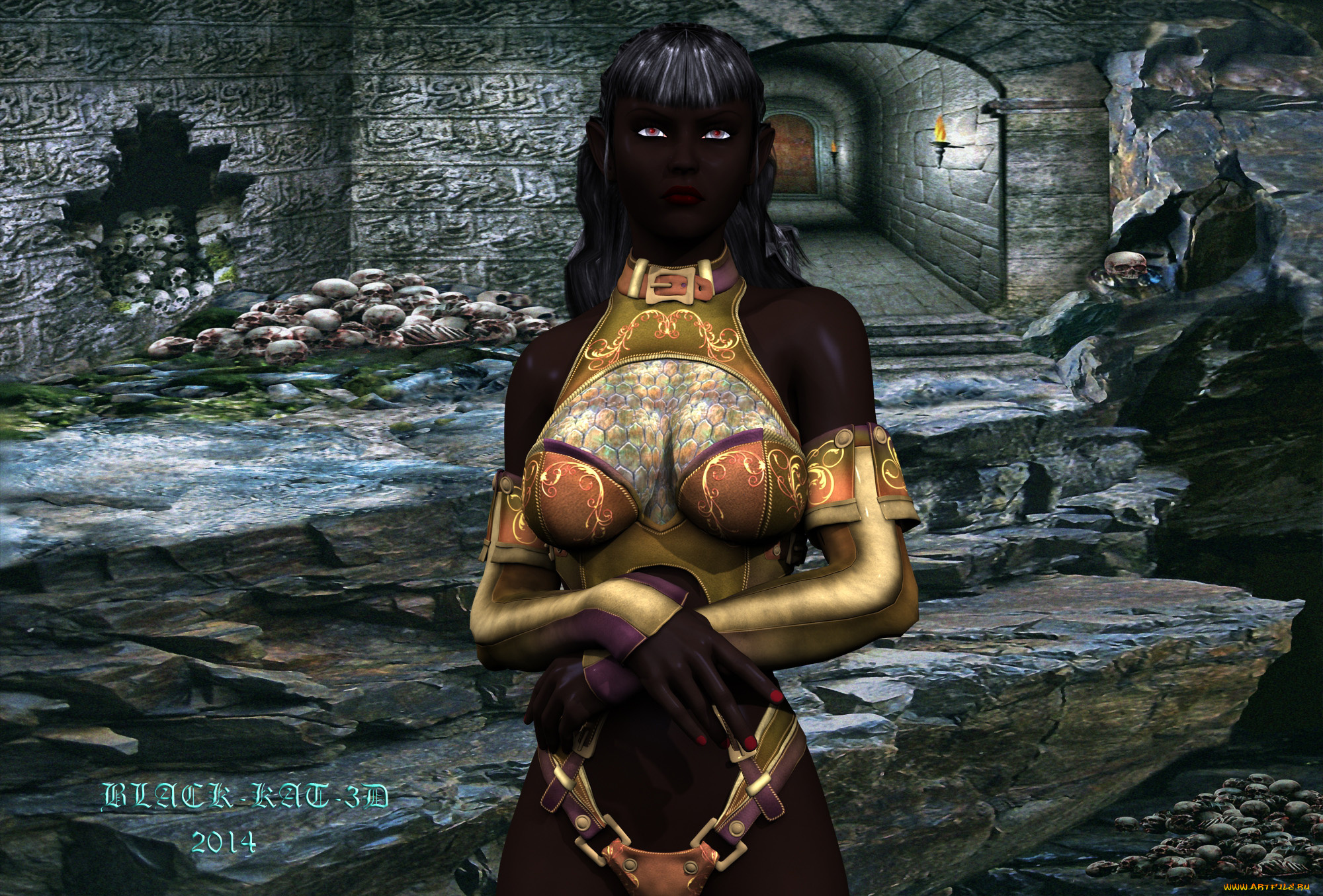 3д, графика, существа, , creatures, черепа, фон, взгляд, девушка