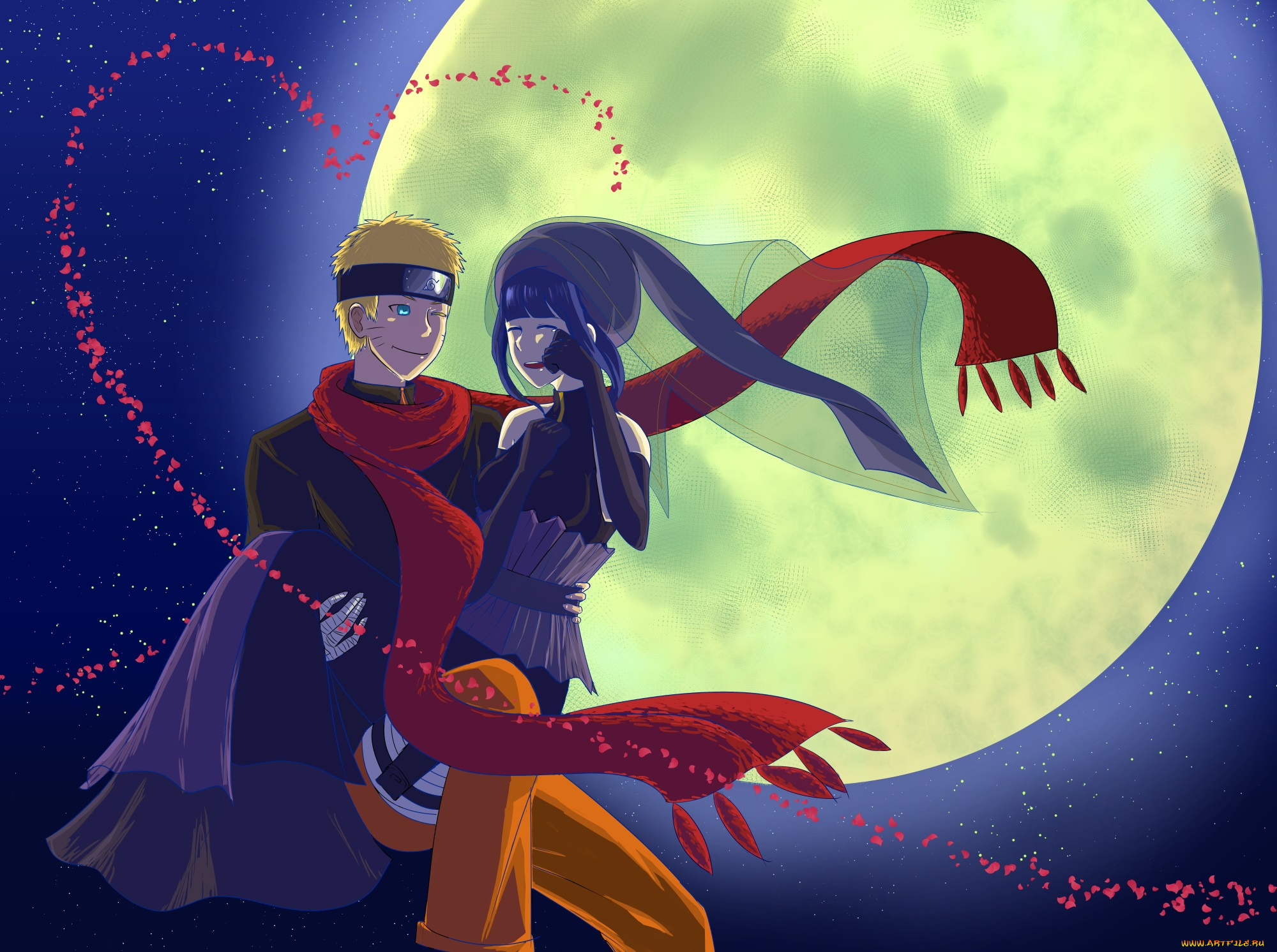 аниме, naruto, art, the, movie, last, uzumaki, hinata, hyugo, red, scarf, ночь, луна