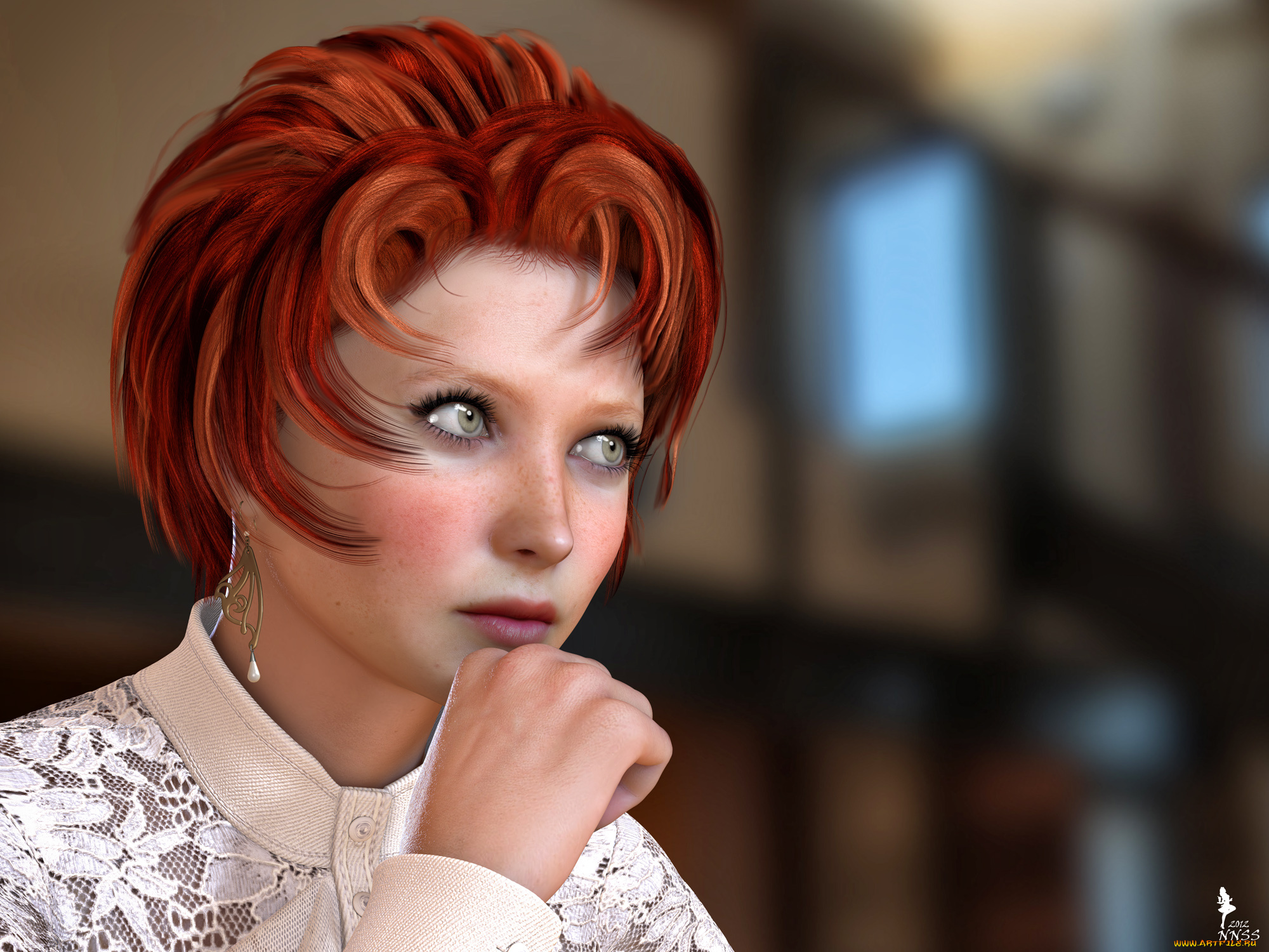 3д, графика, портрет, , portraits, девушка, взгляд, фон, рыжая