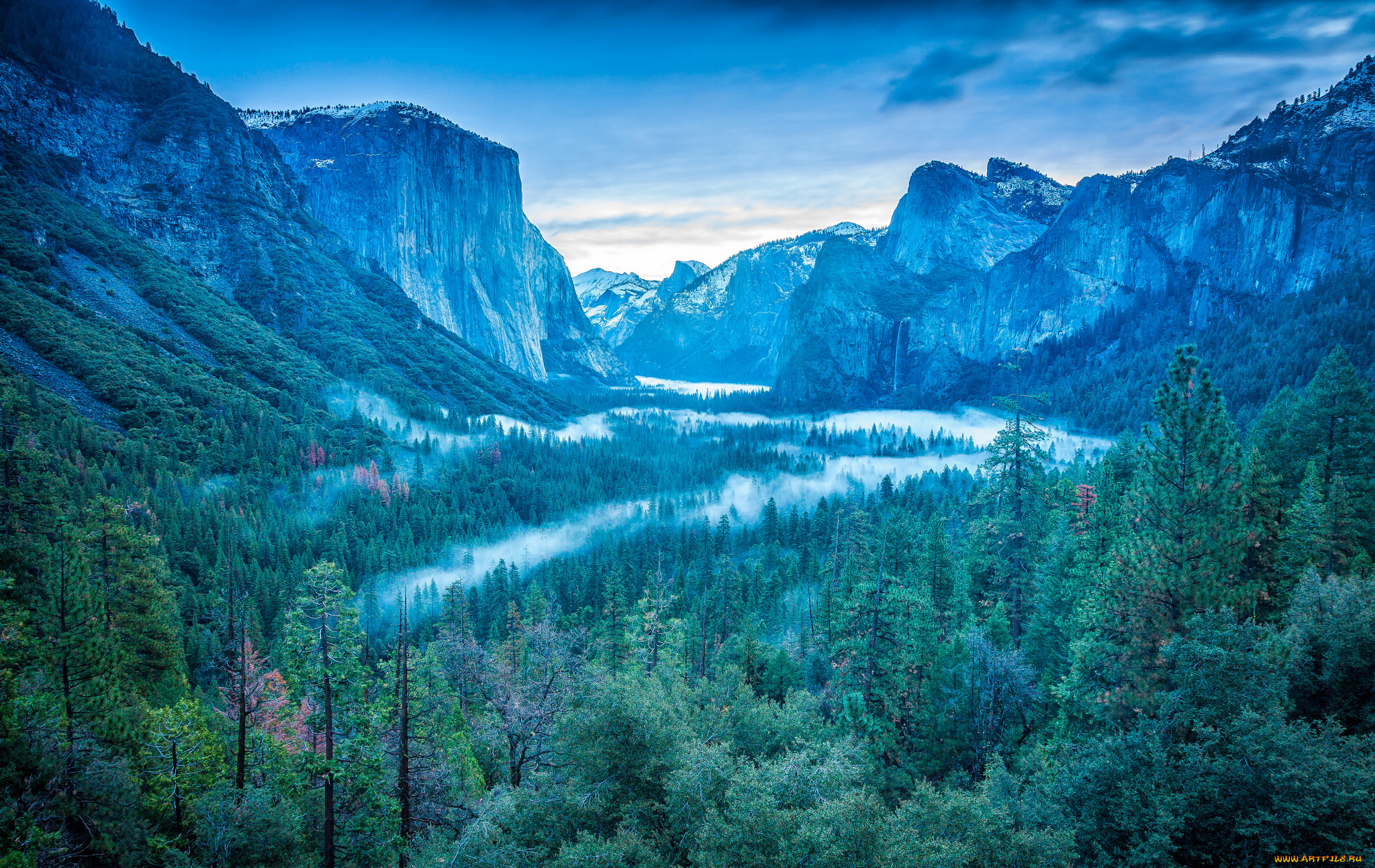 природа, горы, сша, сьерра-невада, yosemite, national, park, долина, водопад, туман, лес, деревья, небо