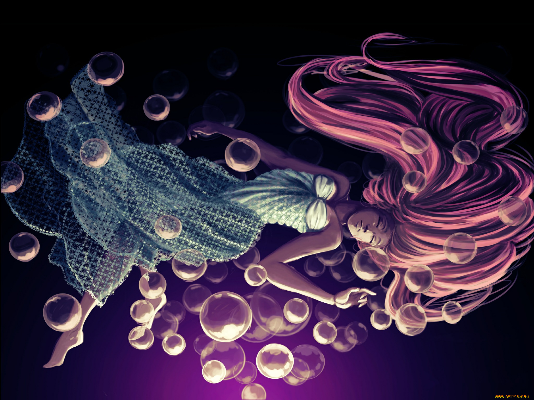 аниме, unknown, , другое, арт, девушка, пузыри, платье