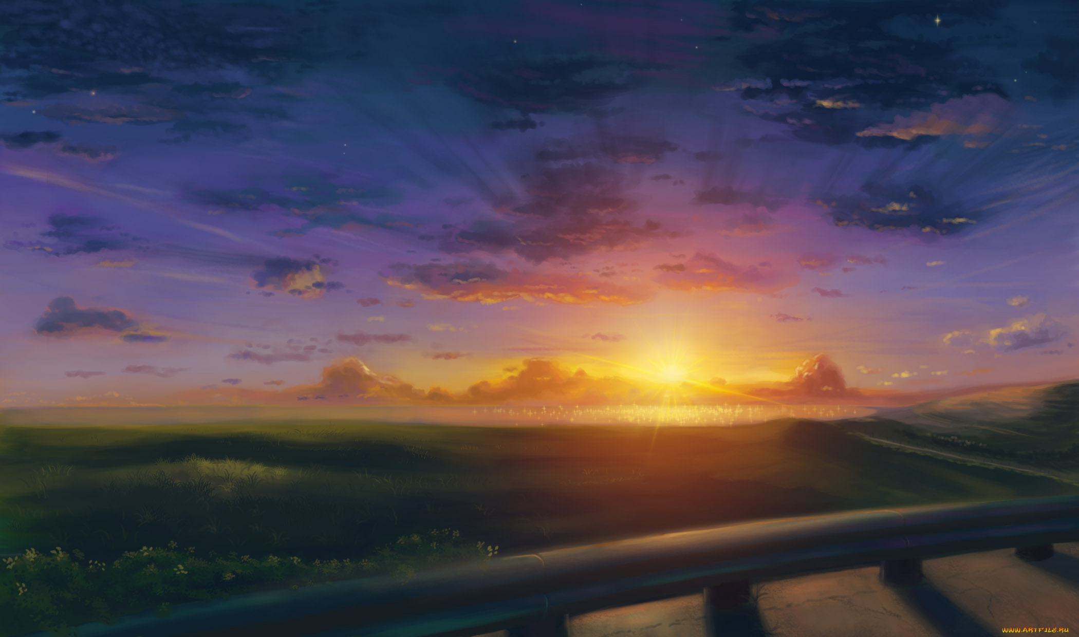 рисованное, природа, лето, зеленая, трава, облака, небо, лучи