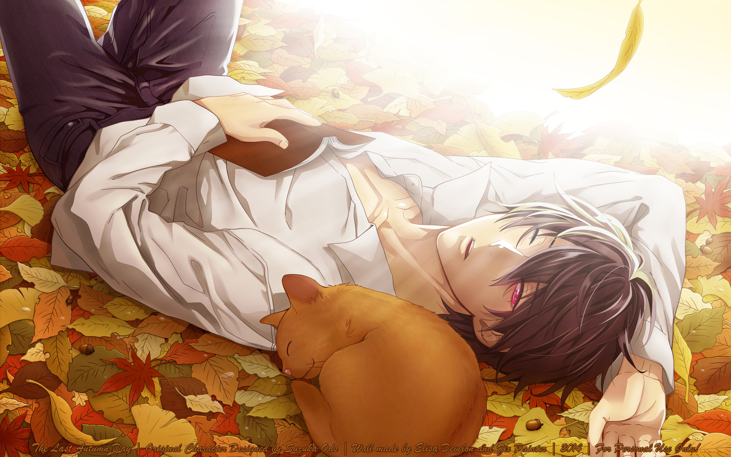 psychic, detective, yakumo, аниме, shinrei, tantei, yakumo, листья, кот, парень, глаз, школьник, рубашка, осень