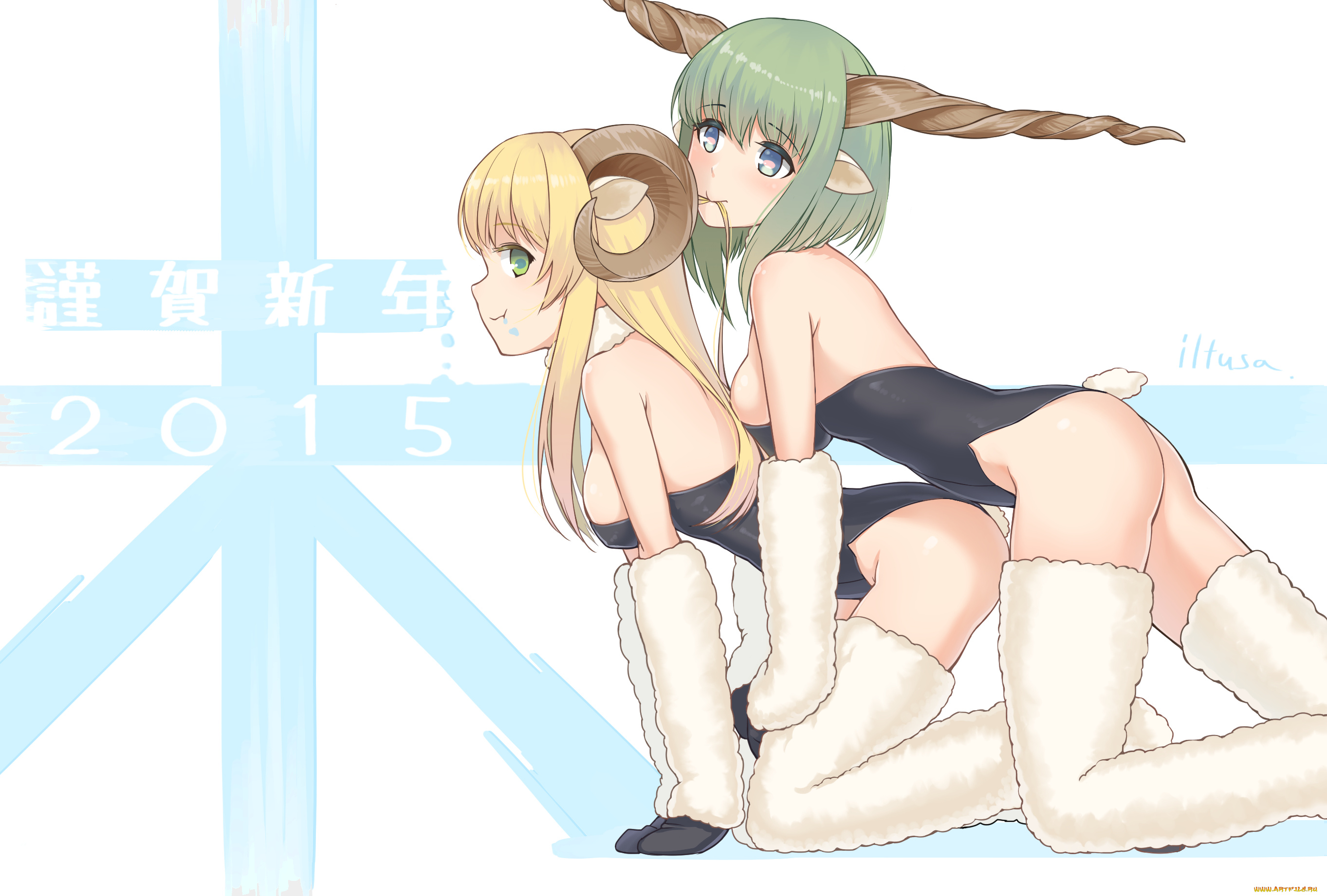 аниме, животные, , существа, рога, новогдний, арт, девушки, soratobuiltusa