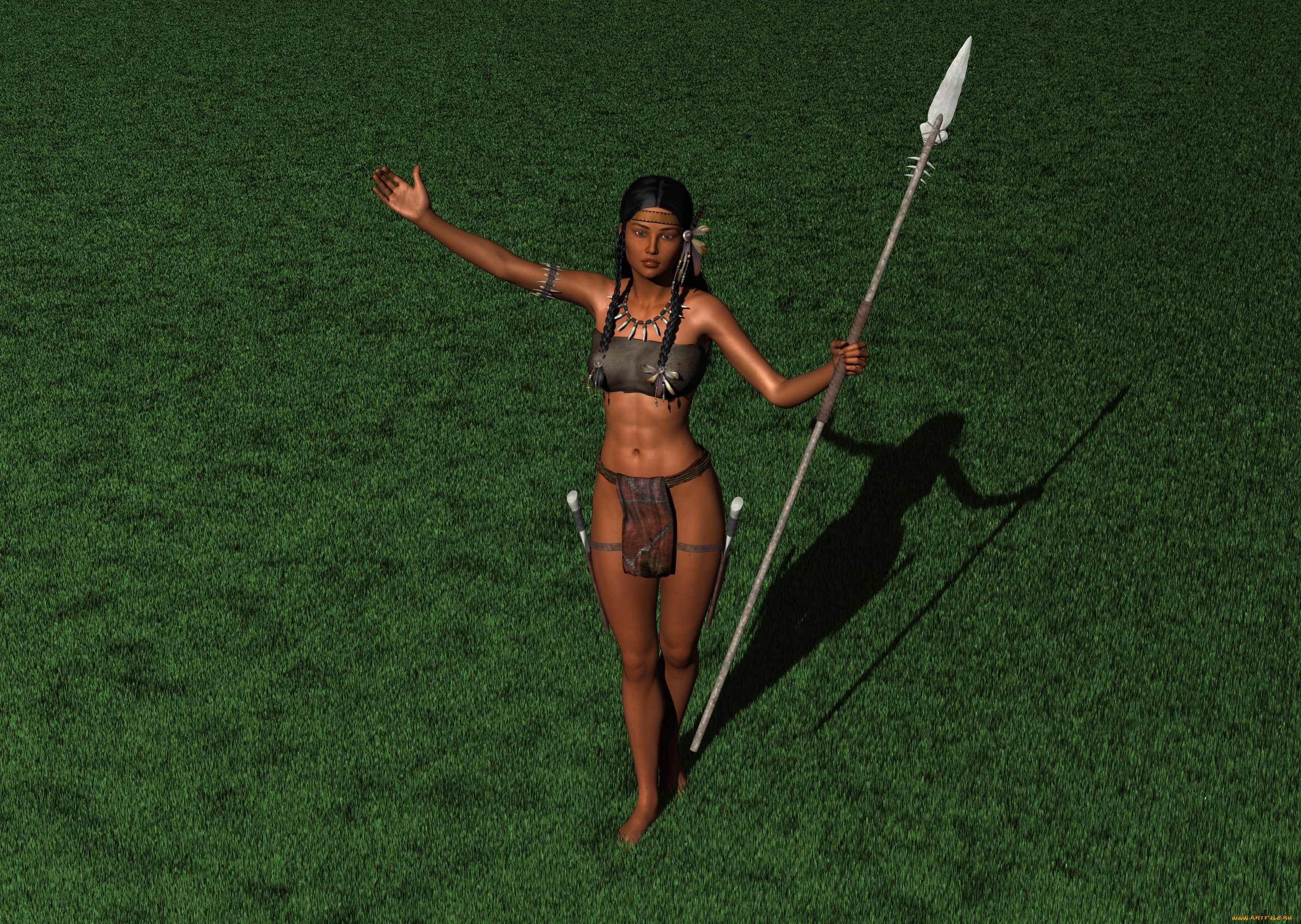 3д, графика, амазонки, , amazon, девушка, взгляд, фон, трава, копье