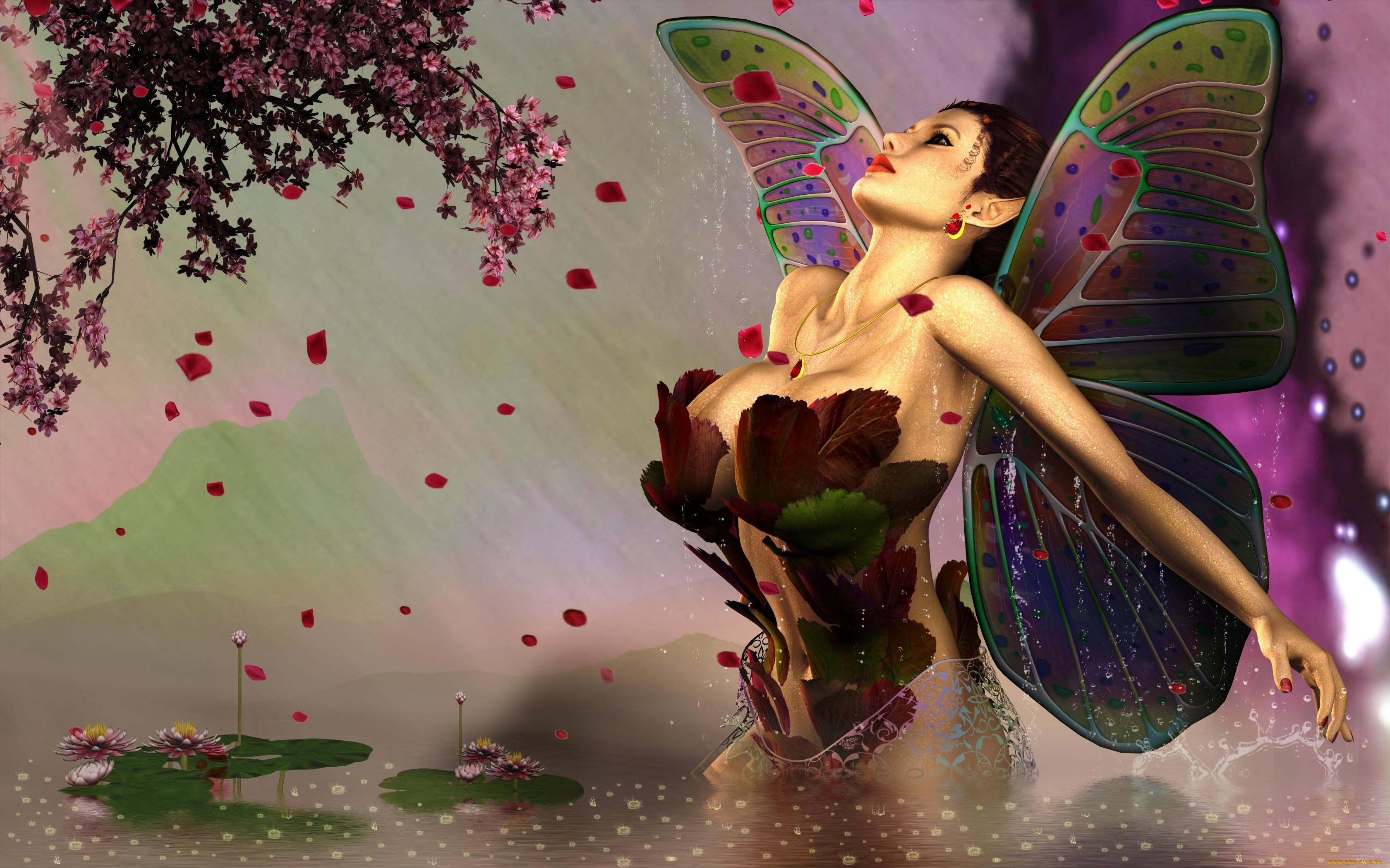 3д, графика, эльфы, , elves, цветы, вода, фон, взгляд, эльфийка