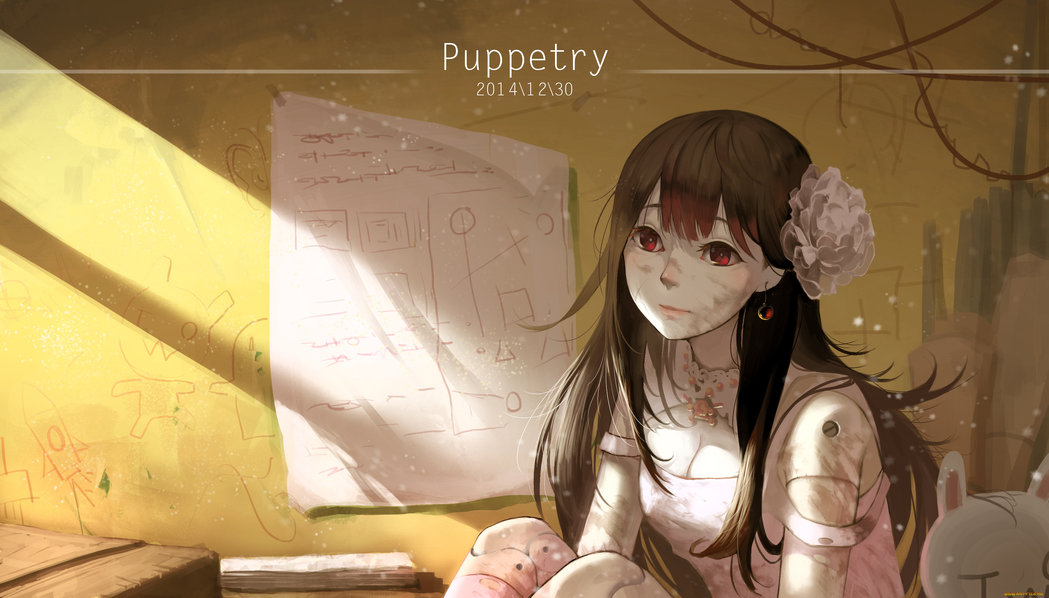 аниме, unknown, , другое, стены, кукла, рисунки, лист, грязная, девушка, арт, exe336