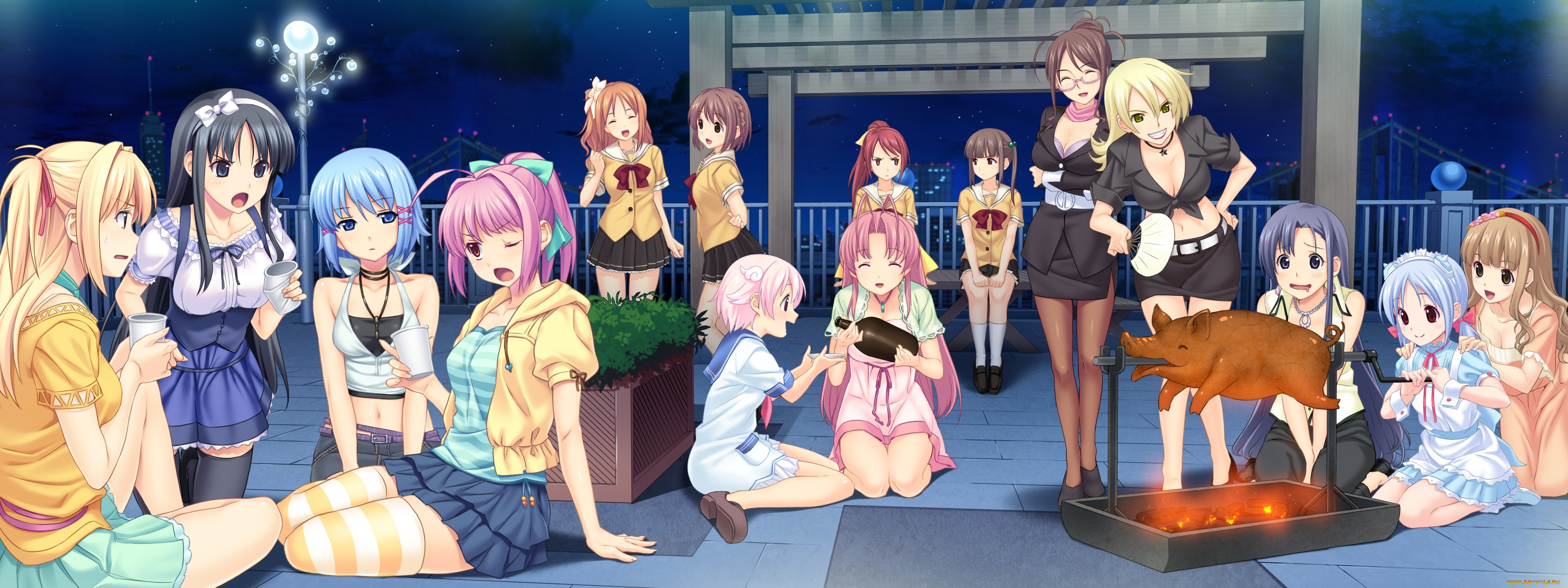 аниме, tropical, kiss, девушки, арт, koutaro, вечеринка, поросёнок, мангал