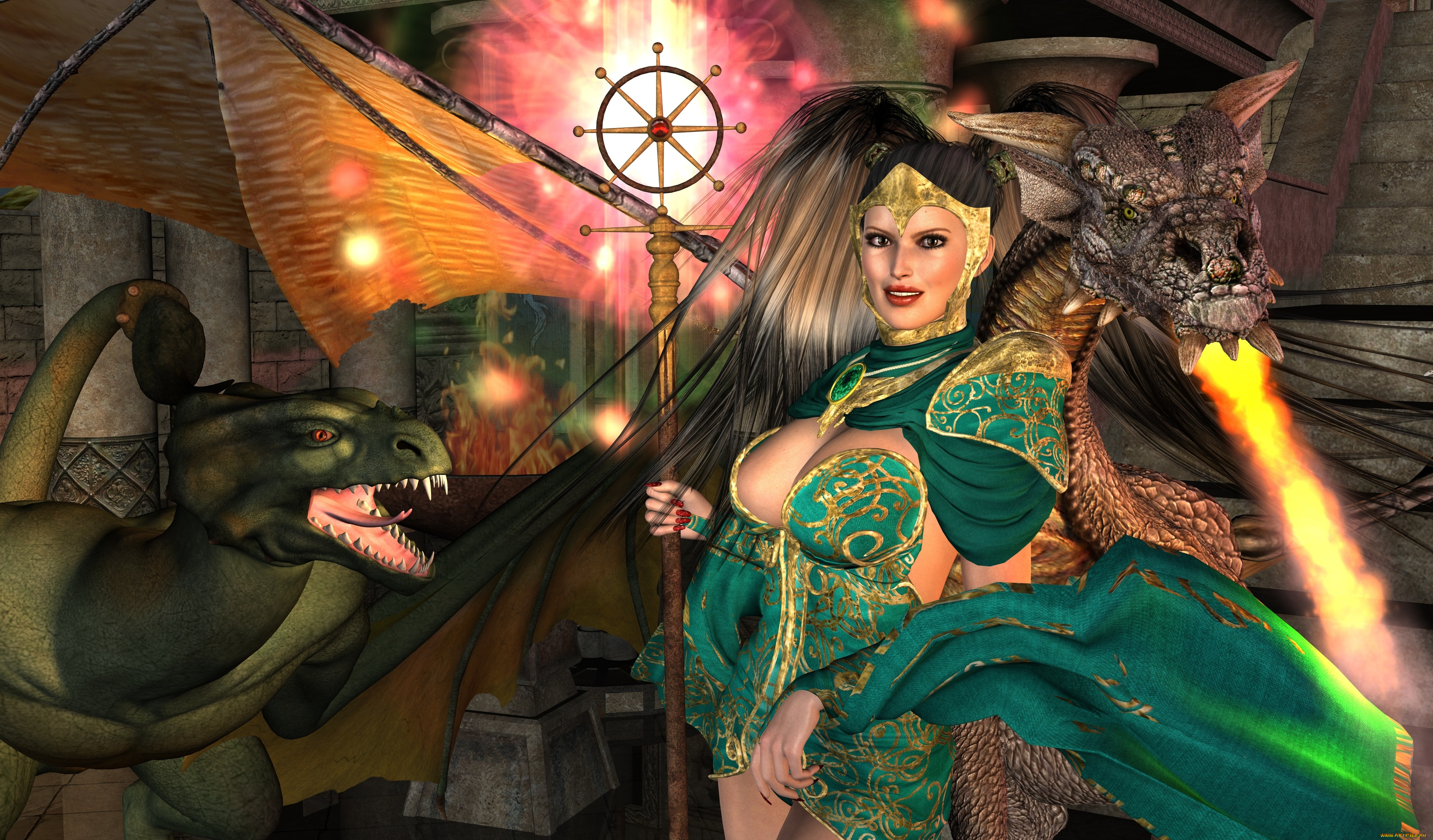 3д, графика, фантазия, , fantasy, взгляд, фон, драконы, девушка