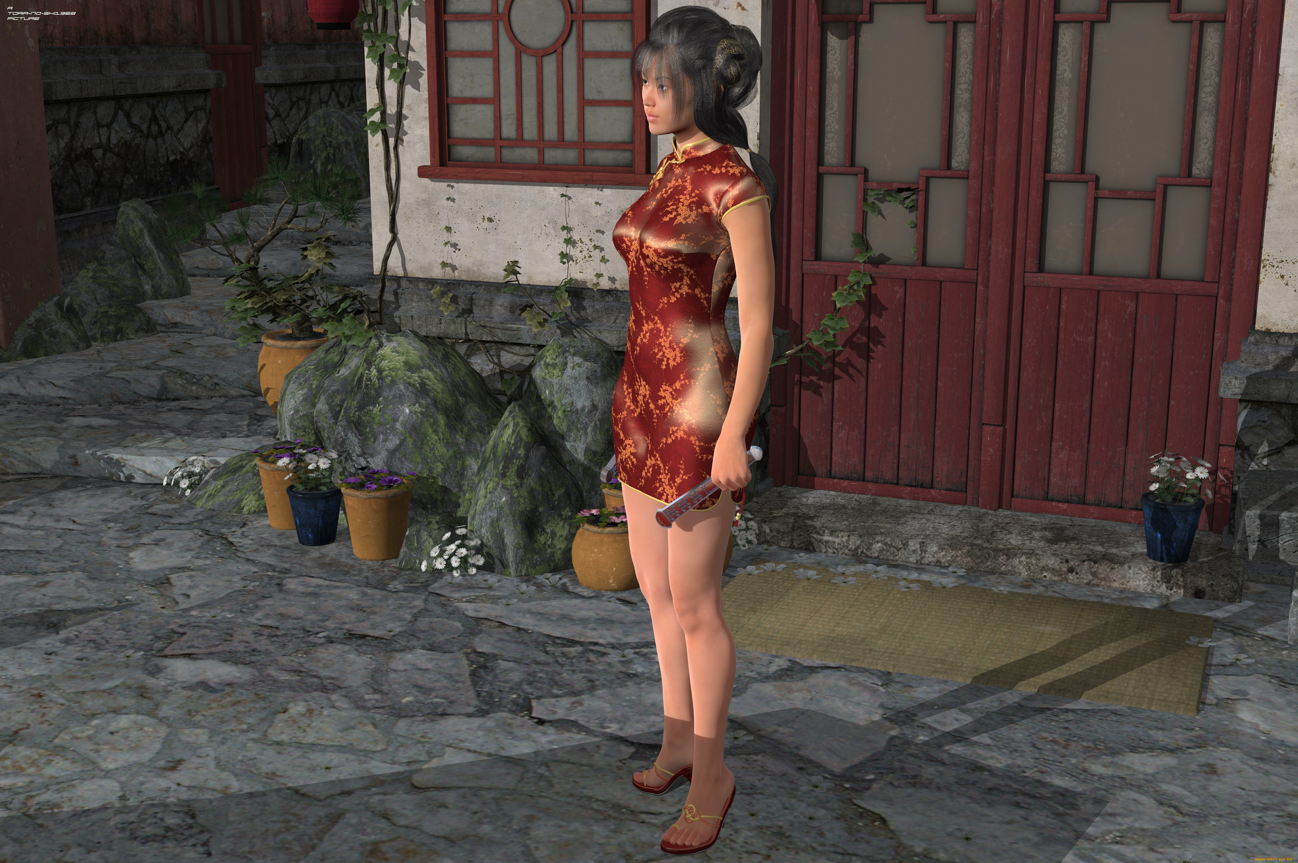 3д, графика, люди, , people, девушка, взгляд, фон, азиатка, улица