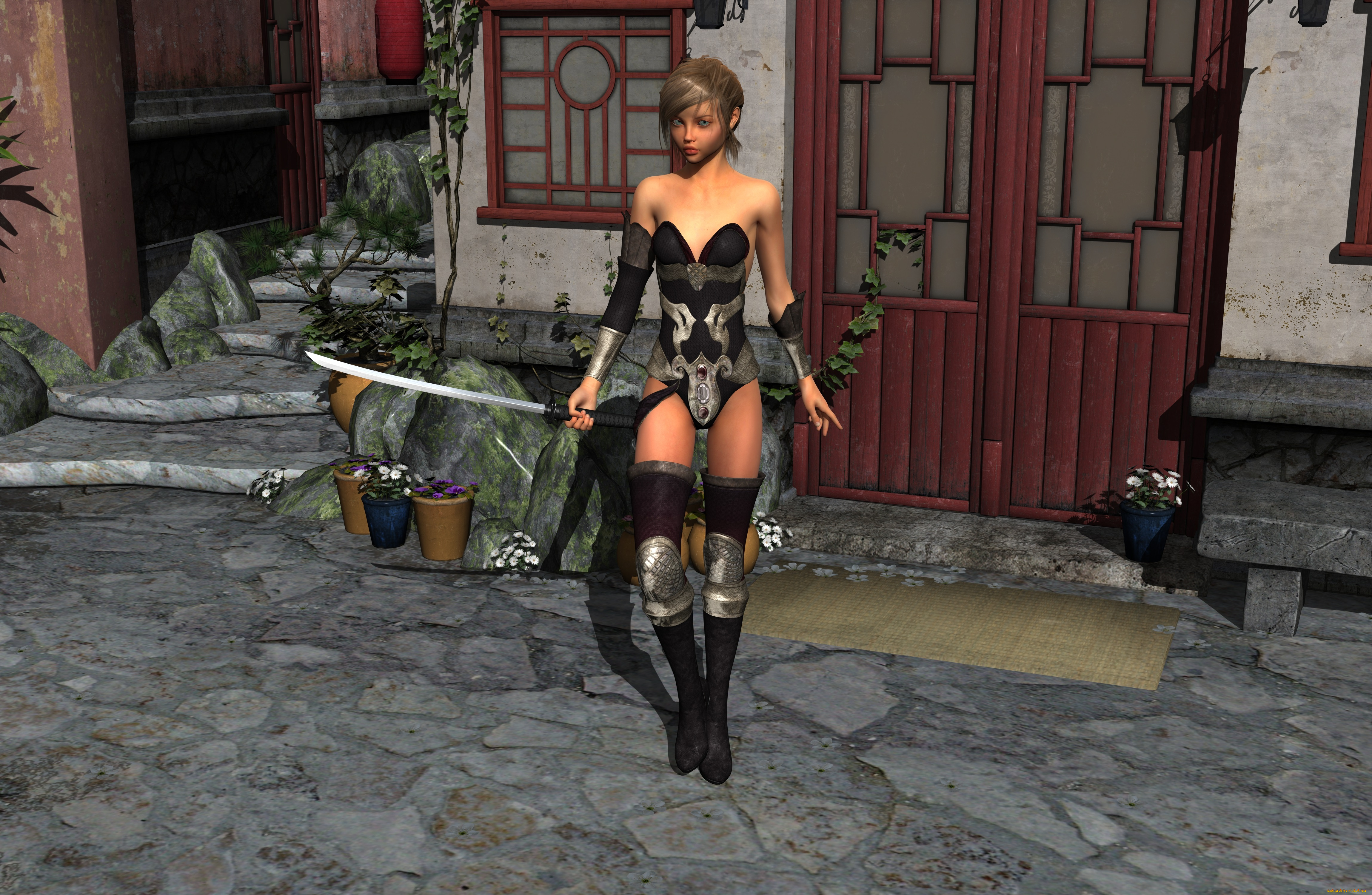 3д, графика, фантазия, , fantasy, девушка, взгляд, фон, катанна