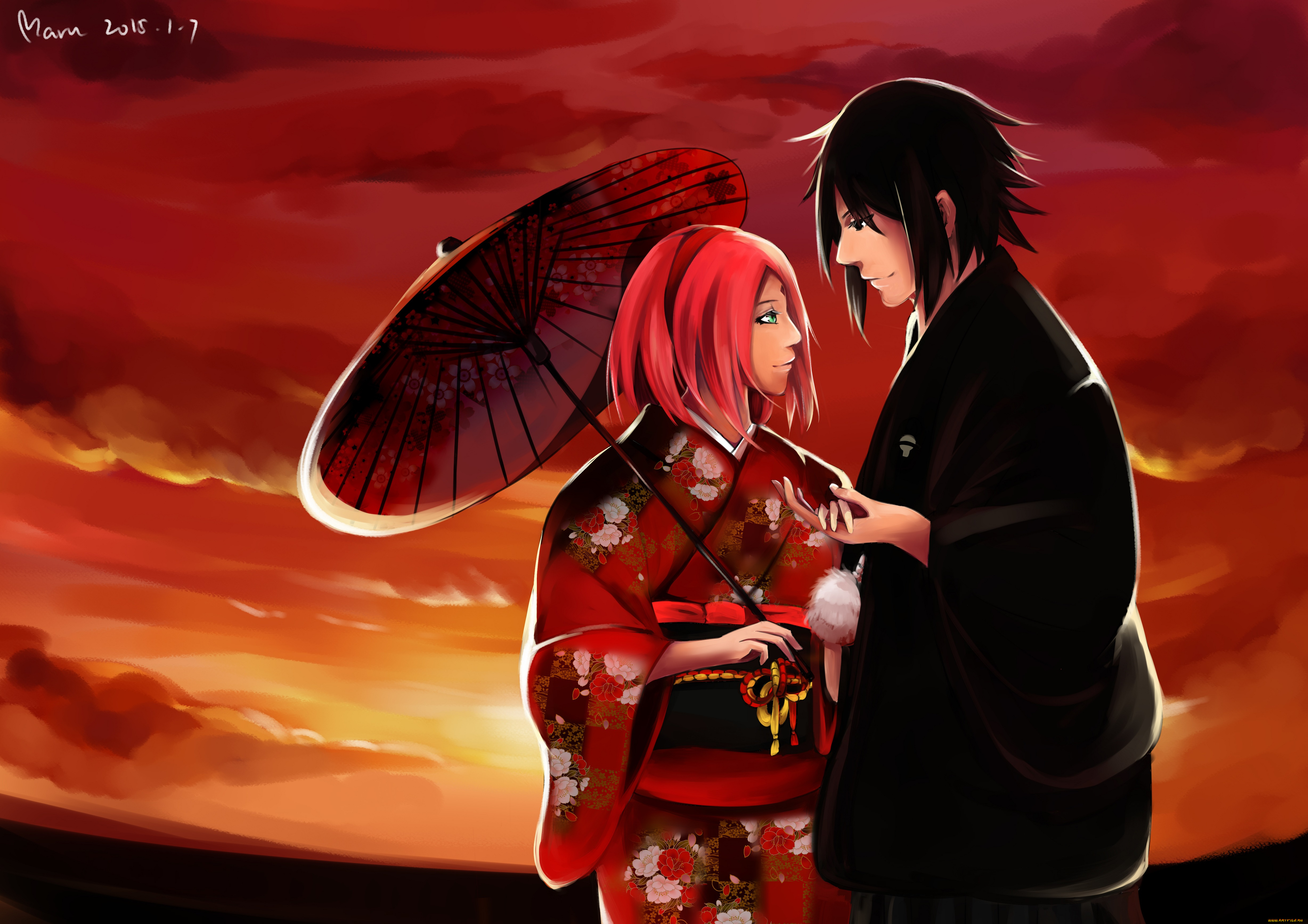 аниме, naruto, kimono, sasuke, uchiha, девушка, парень, art, maru, sakuro, haruno