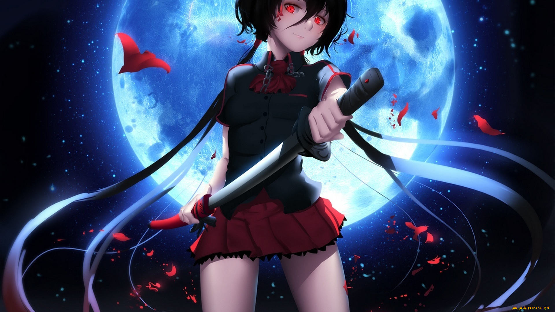 аниме, blood, , школьница, форма, ночь, улыбка, луна, катана, оружие, девушка, kisaragi, saya