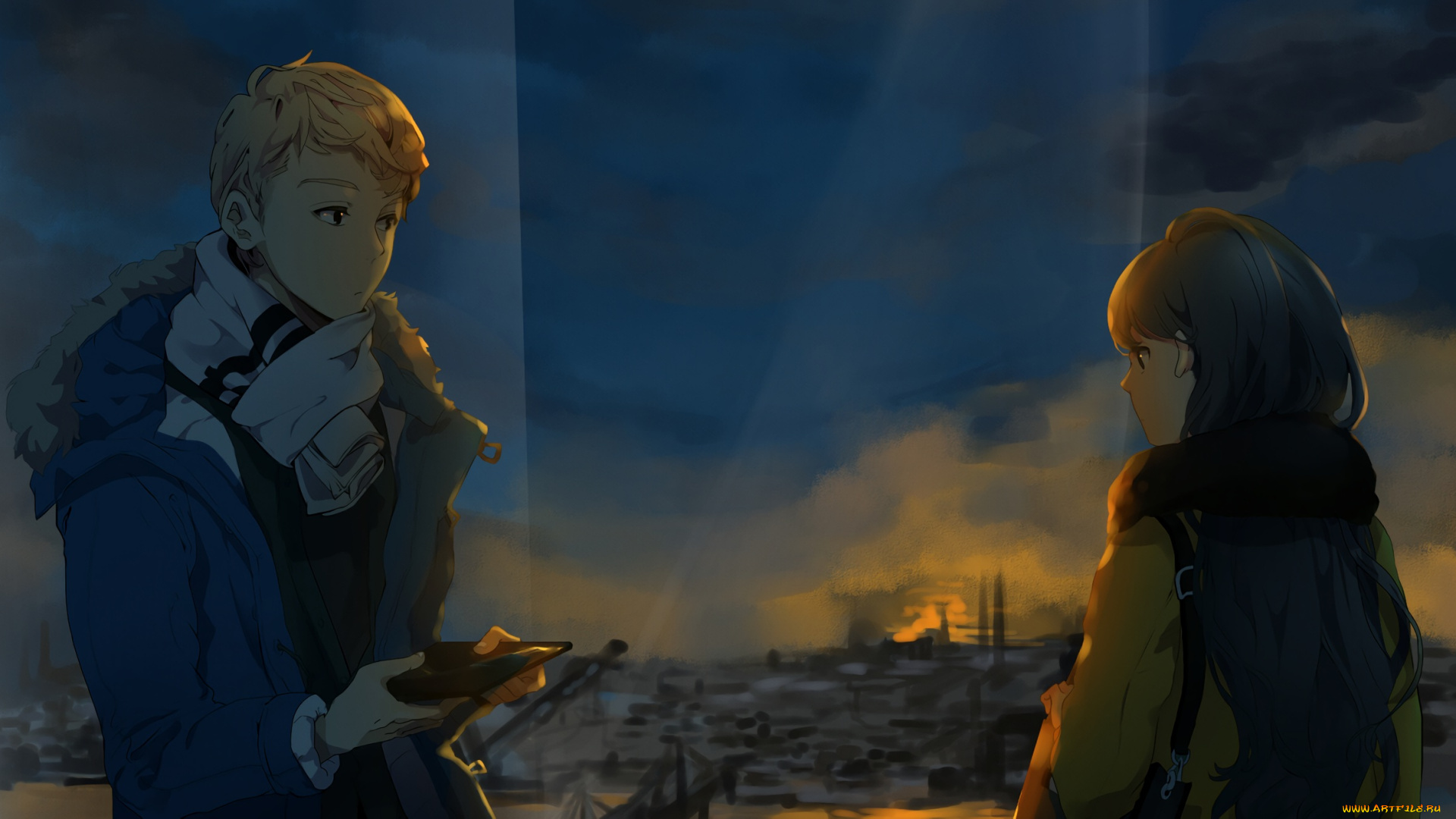 автор, , rakend, аниме, unknown, , другое, парень, окно, арт, ночь, девушка, rakend