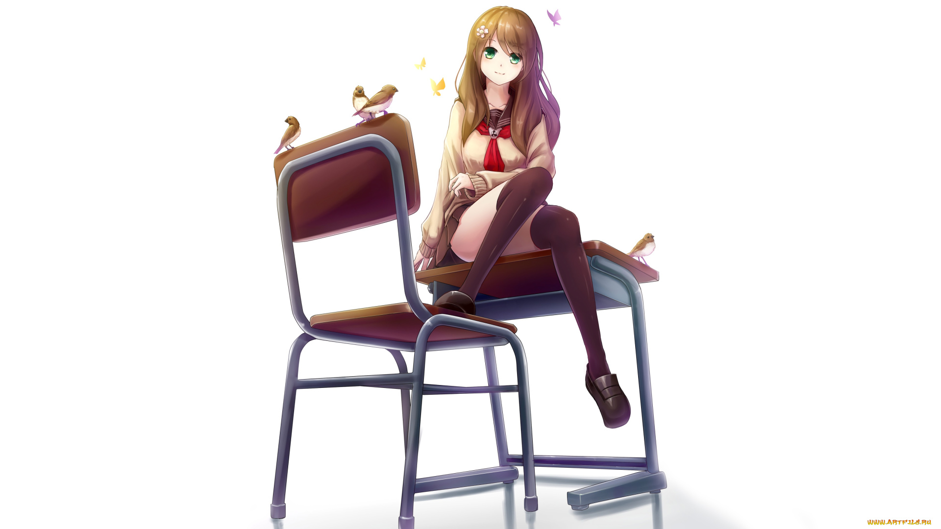 автор, , un, s, аниме, unknown, , другое, сидит, стул, арт, птицы, un-s, девушка