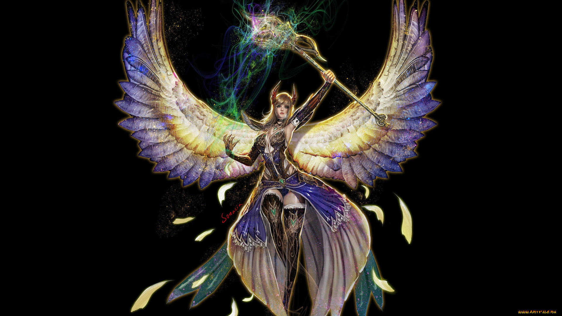 фэнтези, существа, эротика, youngmin, suh, девушка, арт, магия, посох, крылья, черный, фон