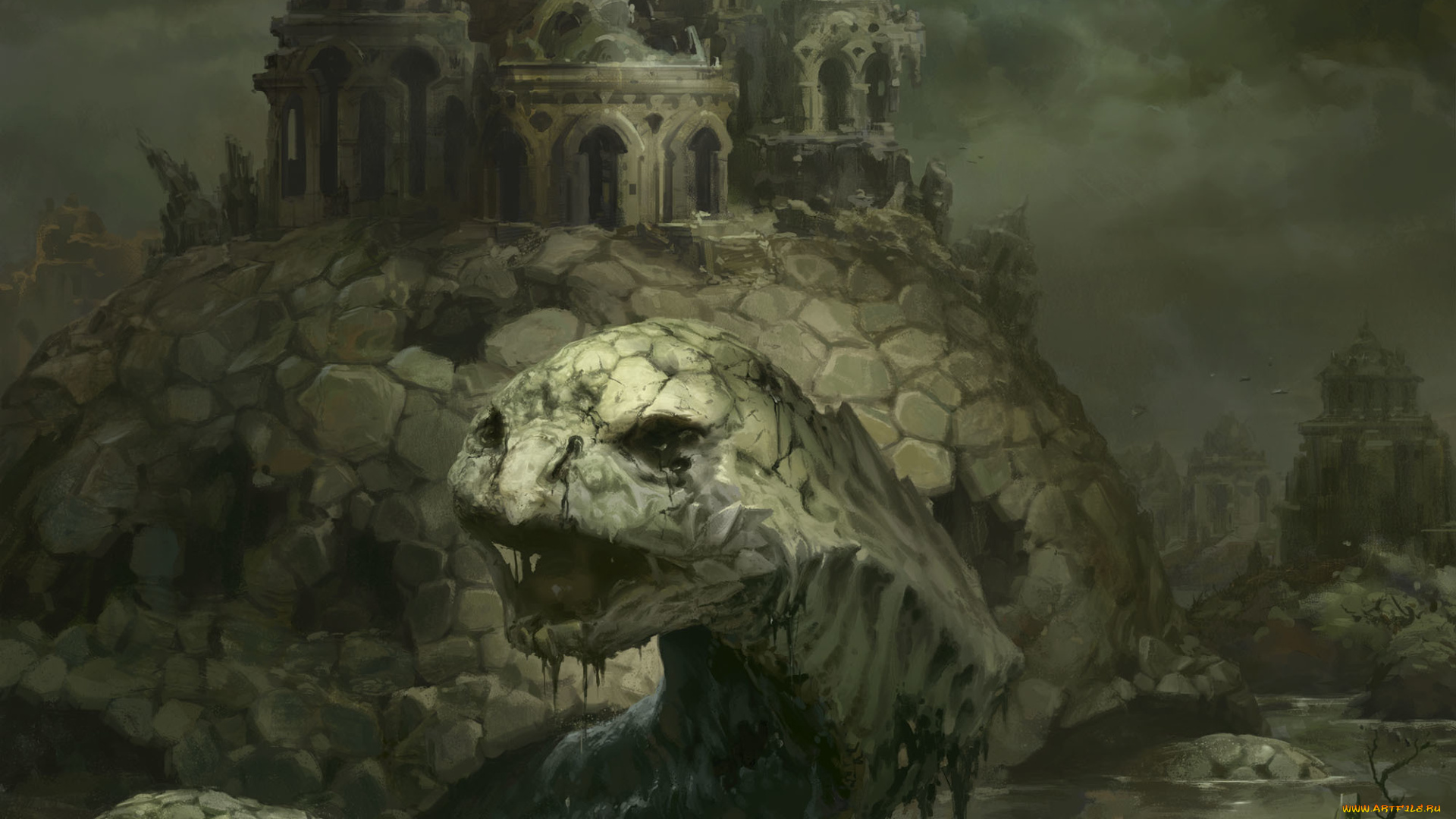 фэнтези, существа, руины, гигантская, башни, город, Черепаха