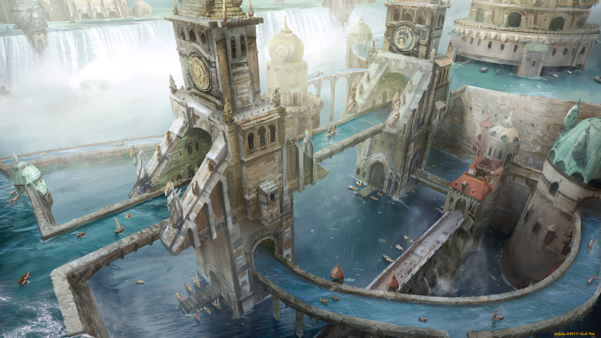 фэнтези, замки, реки, люди, водопад, лодки, город, magic, the, gathering, -, wizards, of, coast, башни