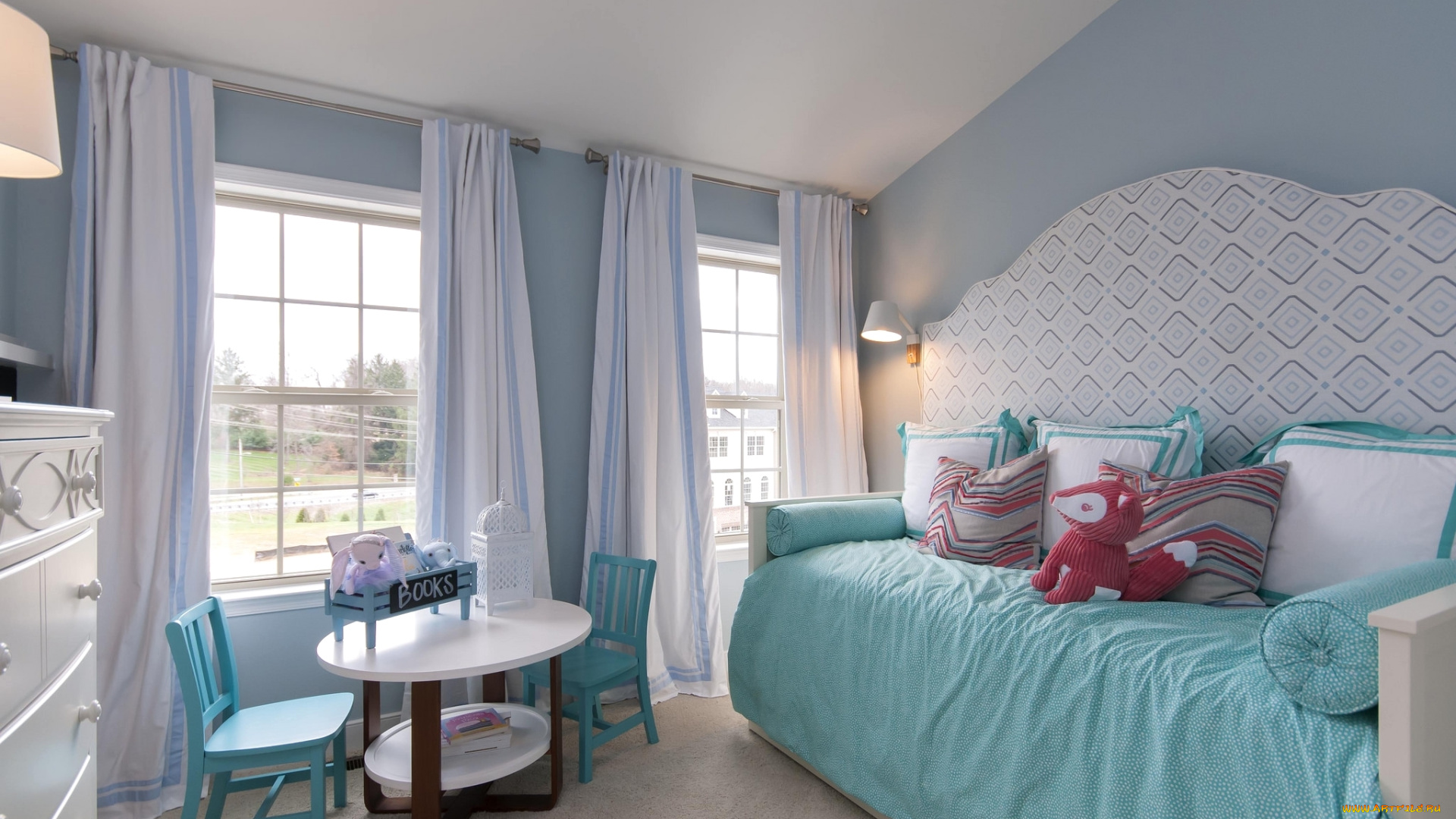 интерьер, детская, комната, комната, детская, игрушки, столик, кровать, дизайн