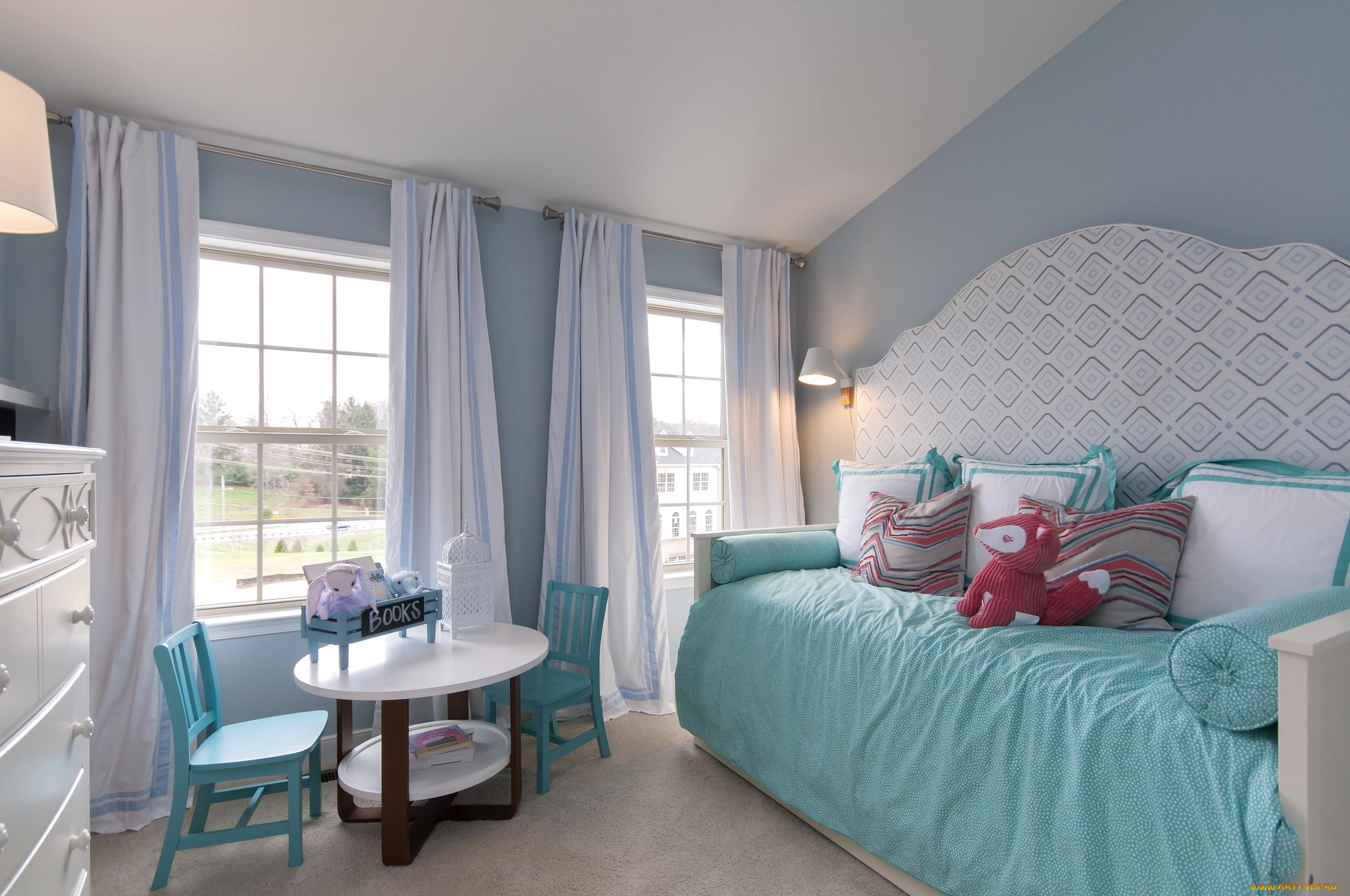 интерьер, детская, комната, комната, детская, игрушки, столик, кровать, дизайн