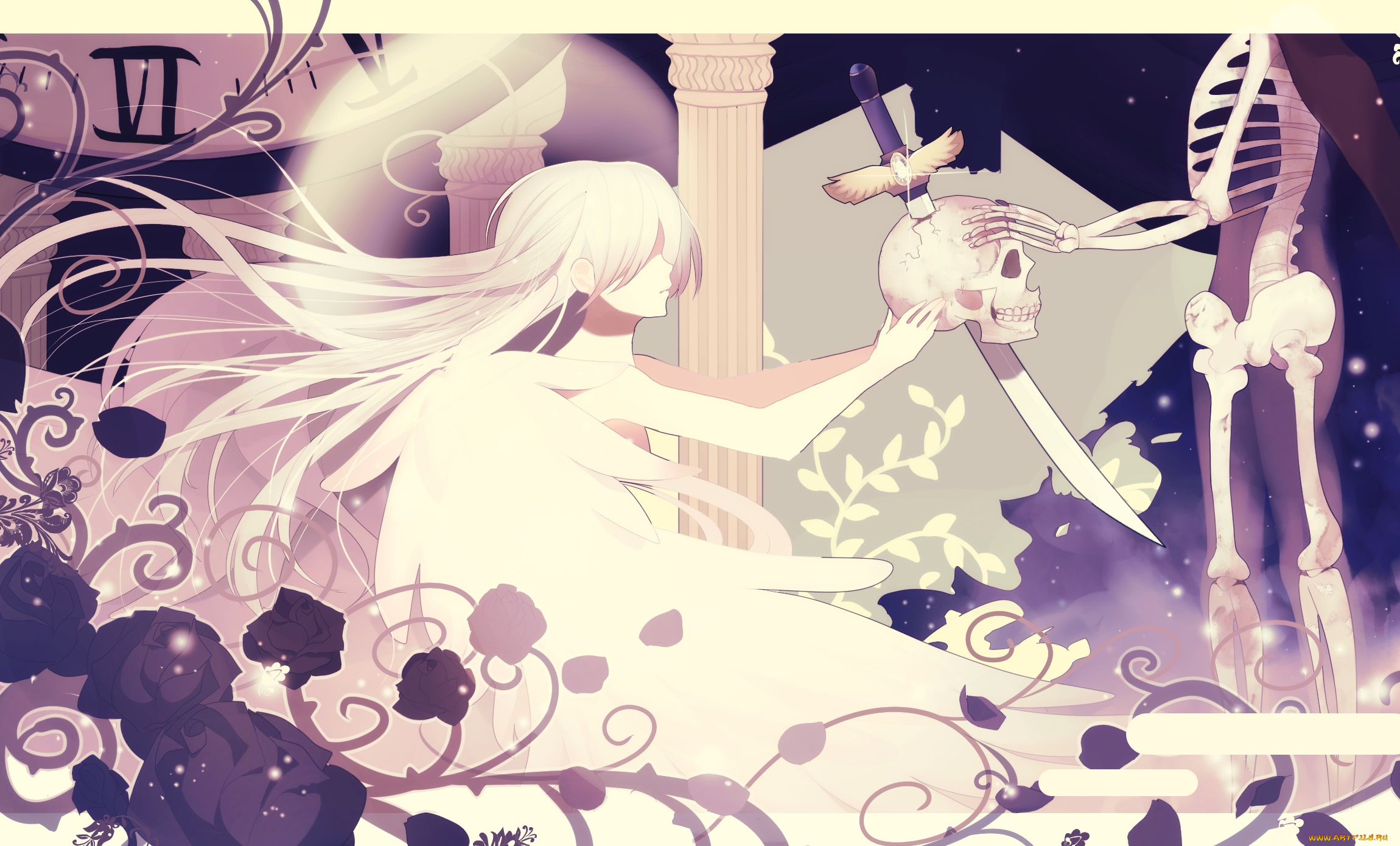 автор, , moo, аниме, ангелы, , демоны, moo, ангел, меч, девочка, арт, череп, скелет