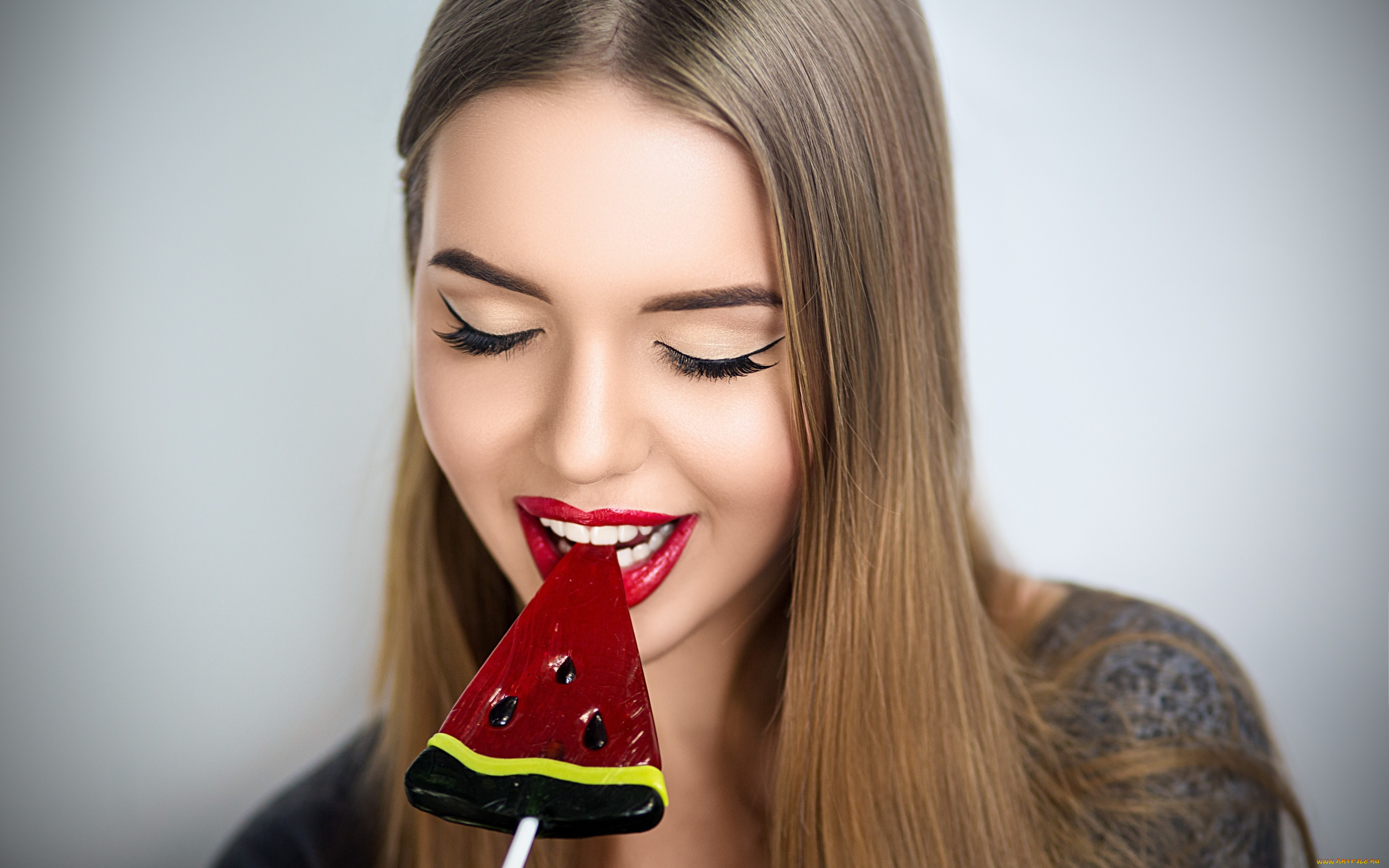 девушки, -unsort, , лица, , портреты, макияж, лицо, девушка, арбуз, леденец