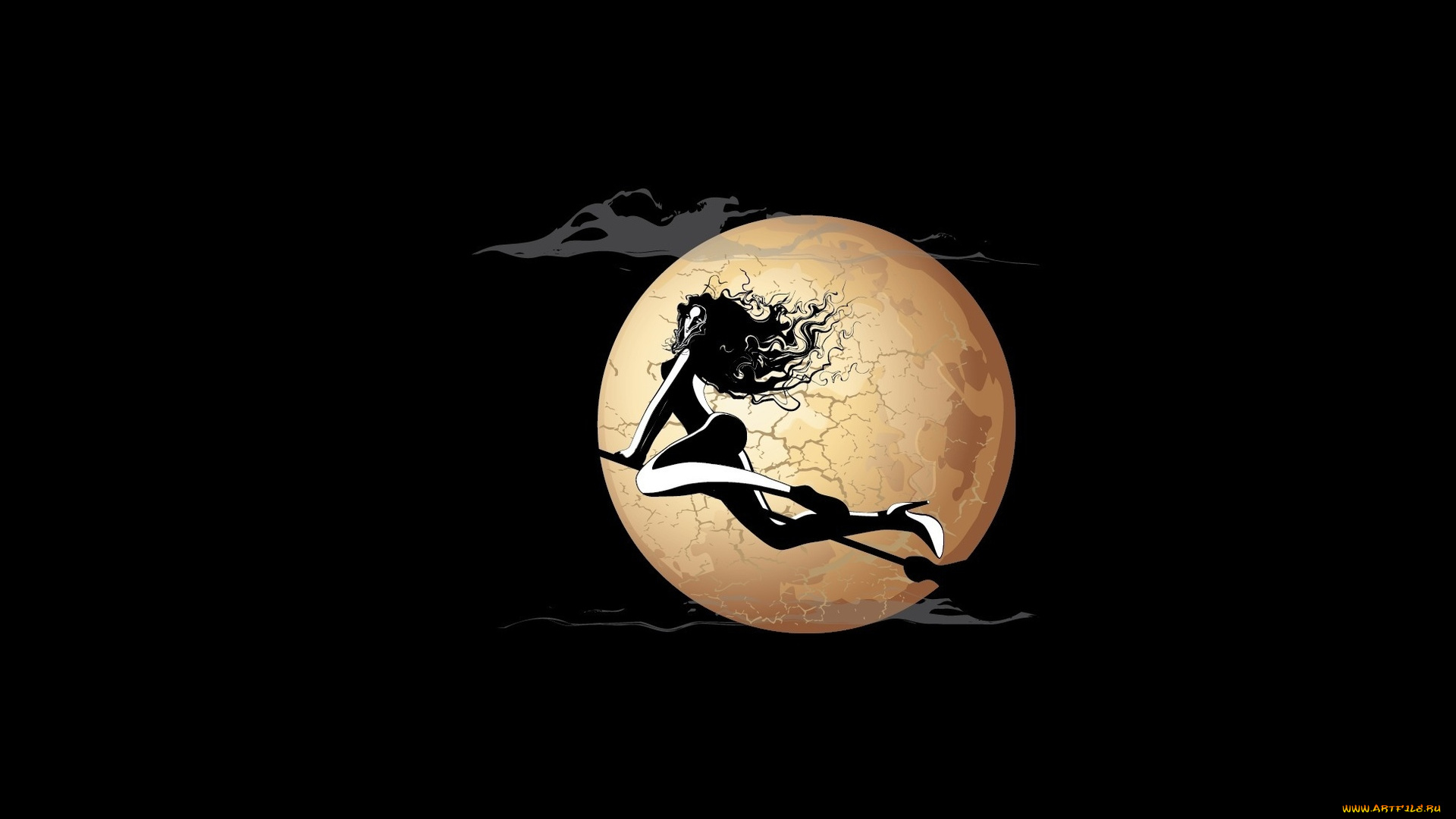 рисованное, минимализм, ведьма, луна, ночь