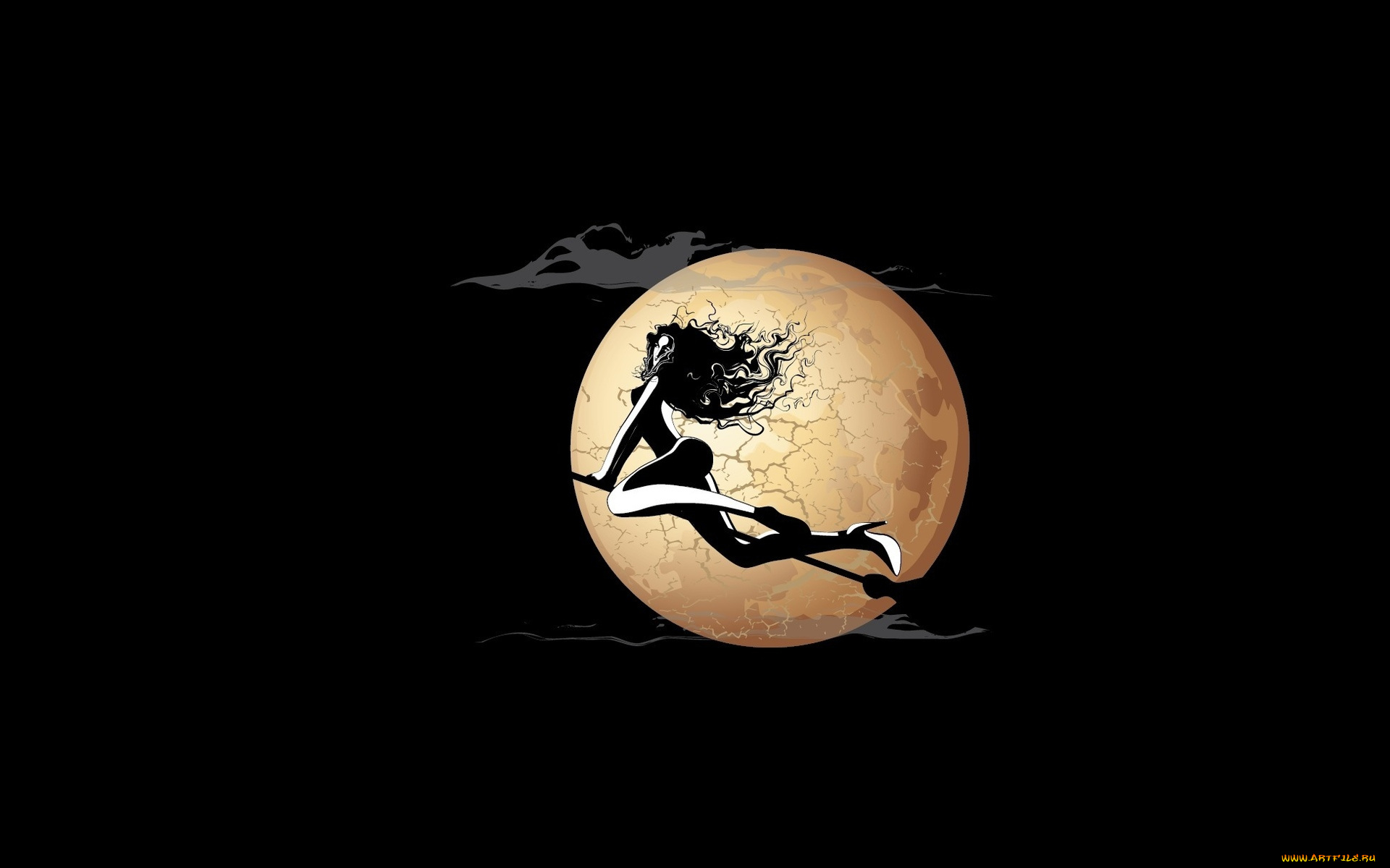 рисованное, минимализм, ведьма, луна, ночь