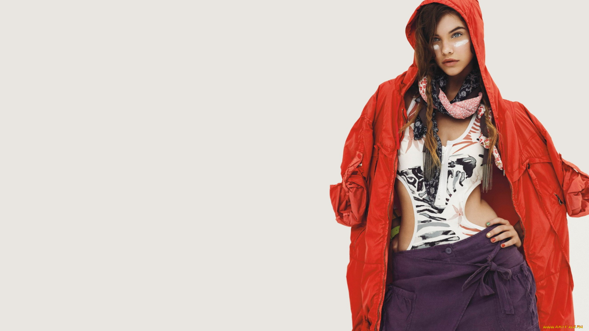 девушки, barbara, palvin, юбка, шарф, топ, косы, куртка, капюшон, модель