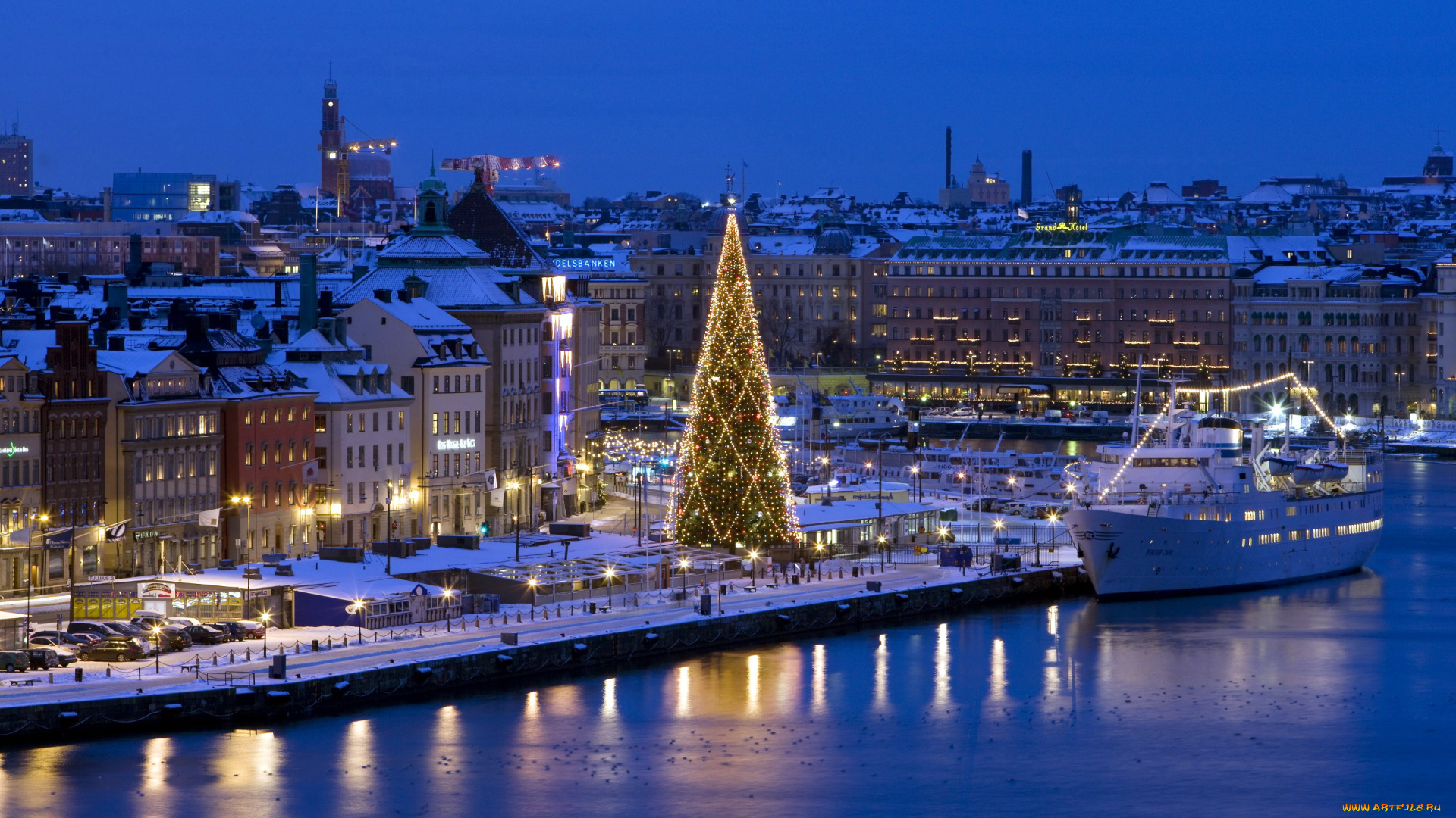 города, стокгольм, , швеция, елка, набережная, праздник, лайнер
