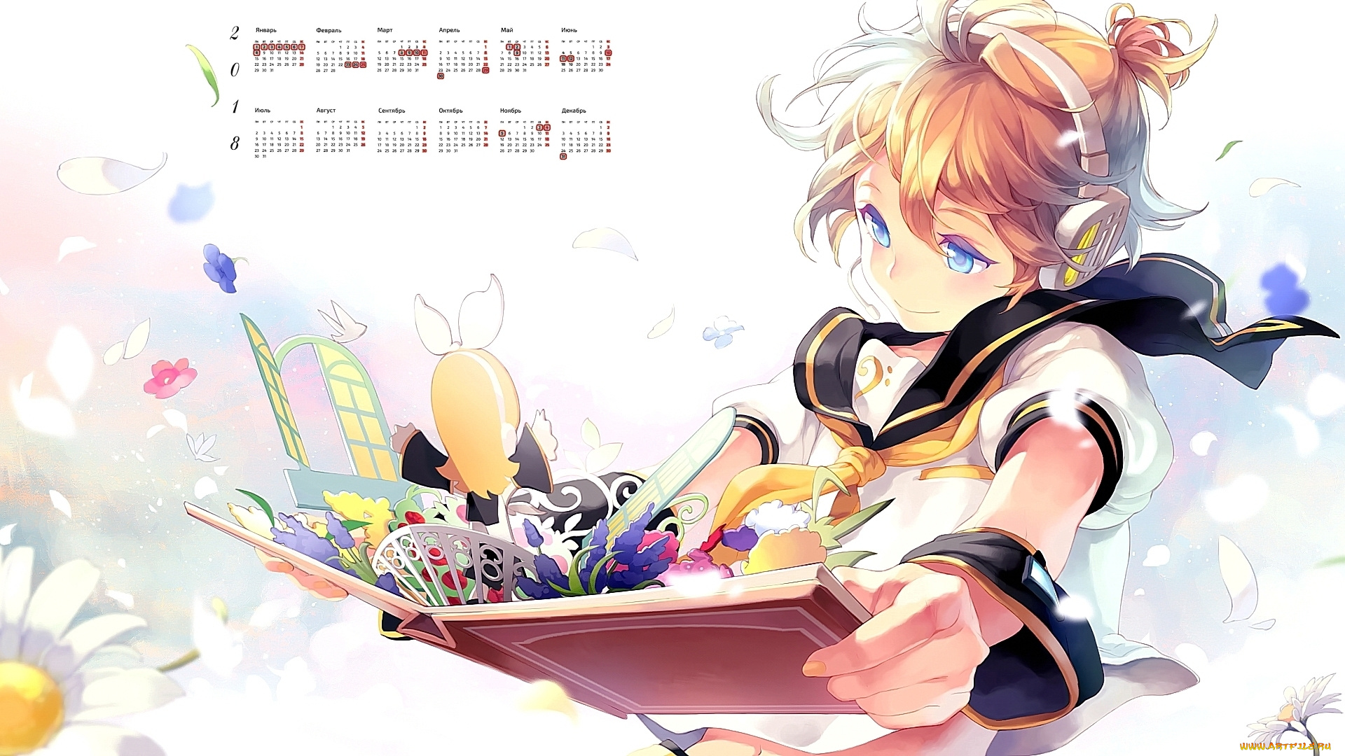 календари, аниме, 2018, девушка, взгляд, наушники, книга