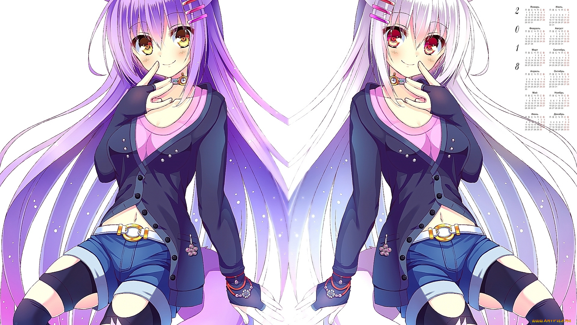 календари, аниме, 2018, двое, взгляд, девушка