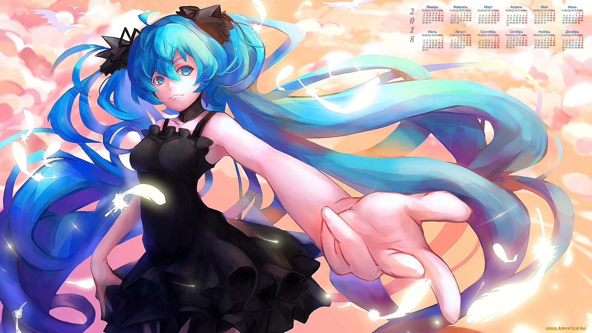 календари, аниме, перья, взгляд, 2018, девушка