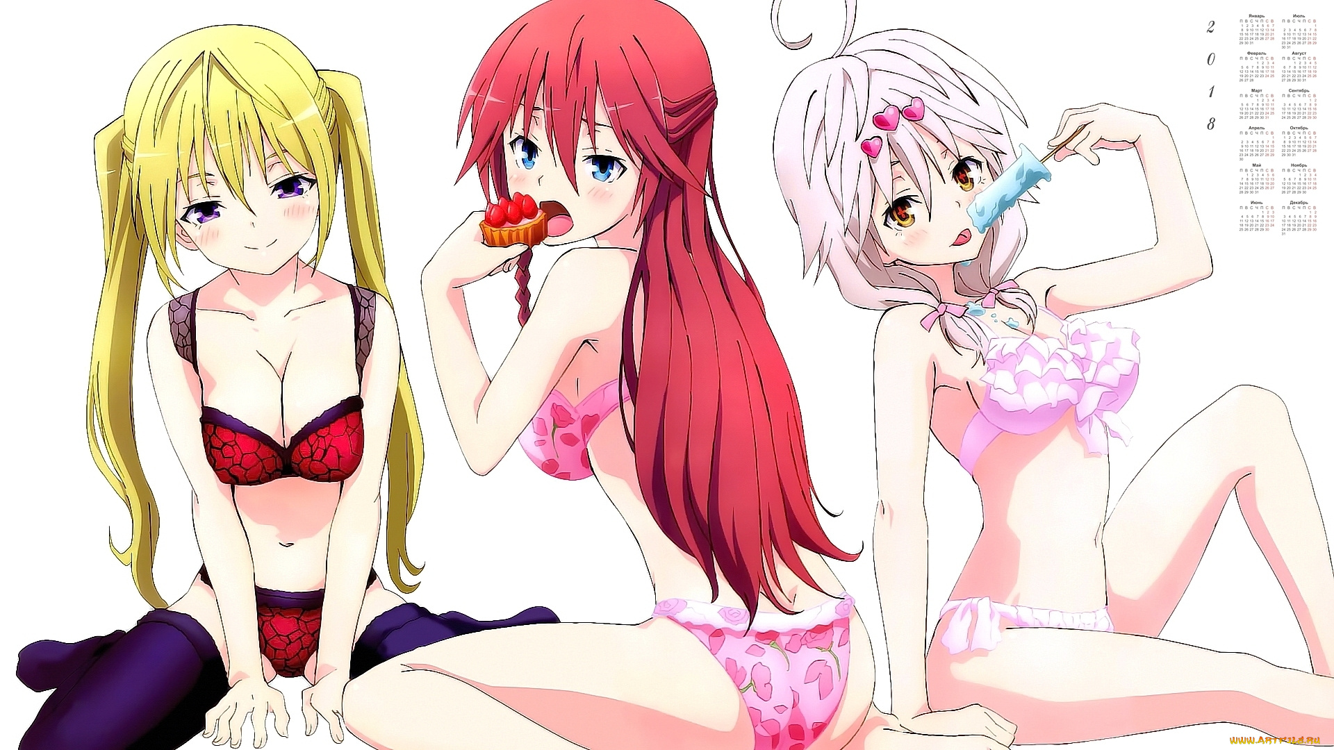 календари, аниме, трое, взгляд, 2018, девушка