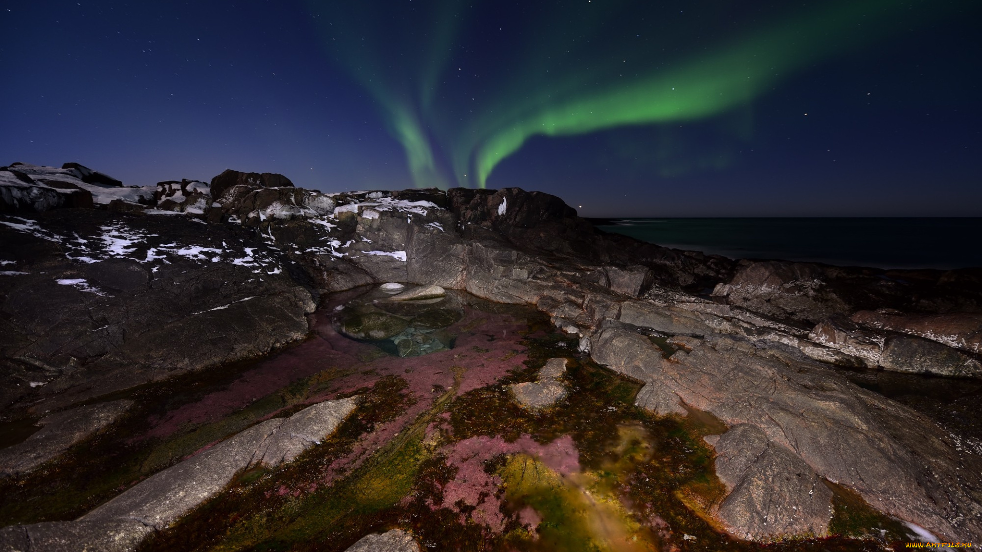природа, северное, сияние, вид, пейзаж, вода, камни, ночь, сияние, небо